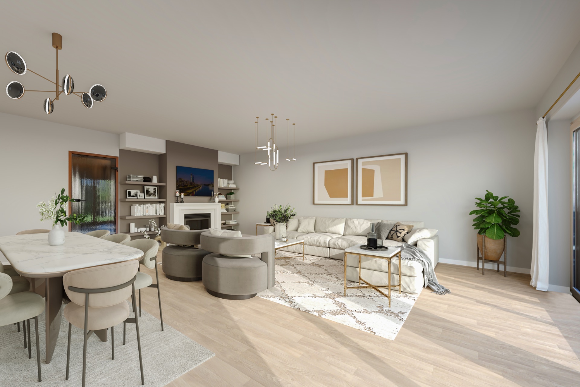 Helles Wohnzimmer mit Ecksofa, Esstisch, großen Fenstern und Pflanze in der Ecke.