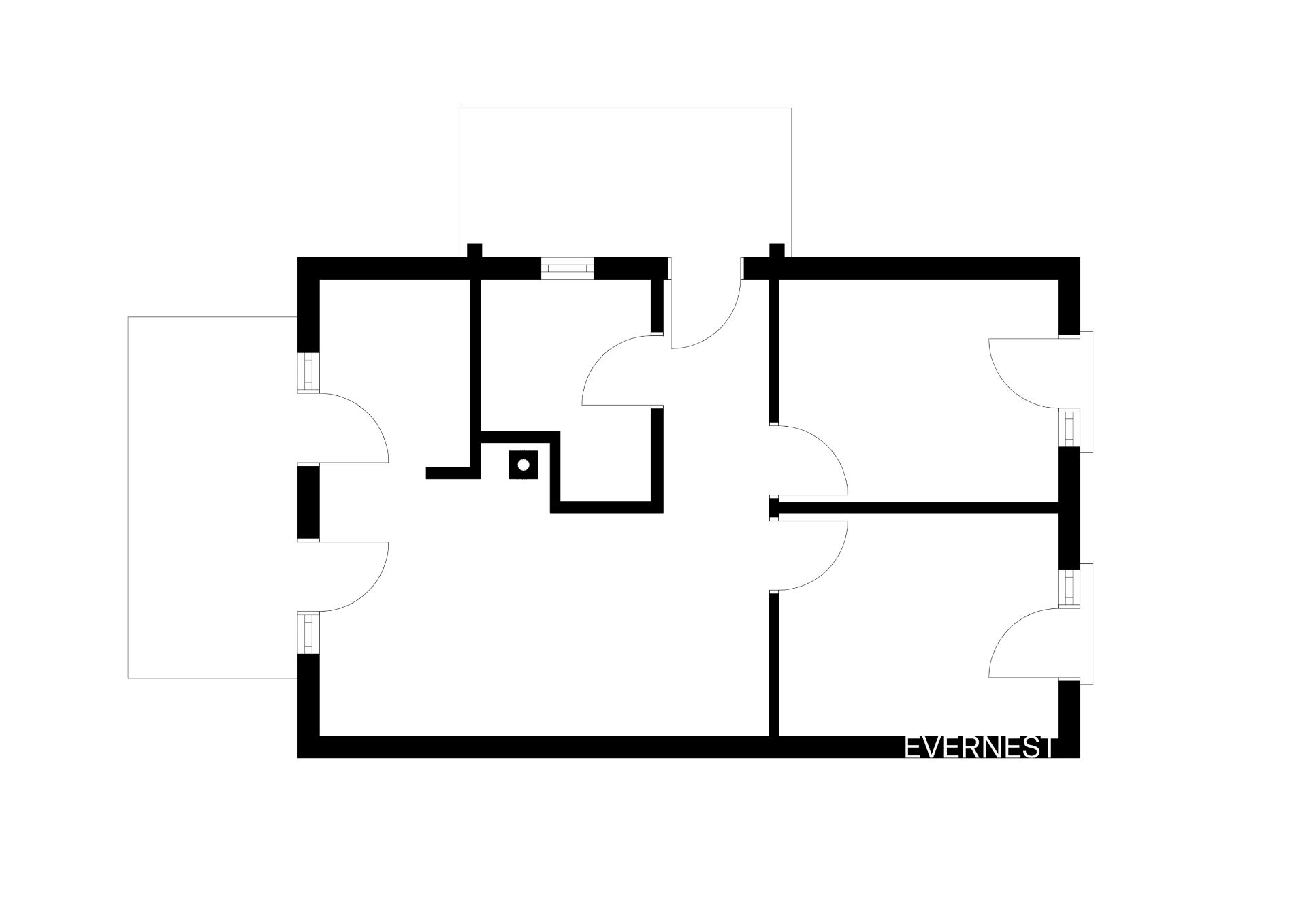 Schwarz-weißer Grundriss einer Wohnung mit mehreren Räumen und Türen.
