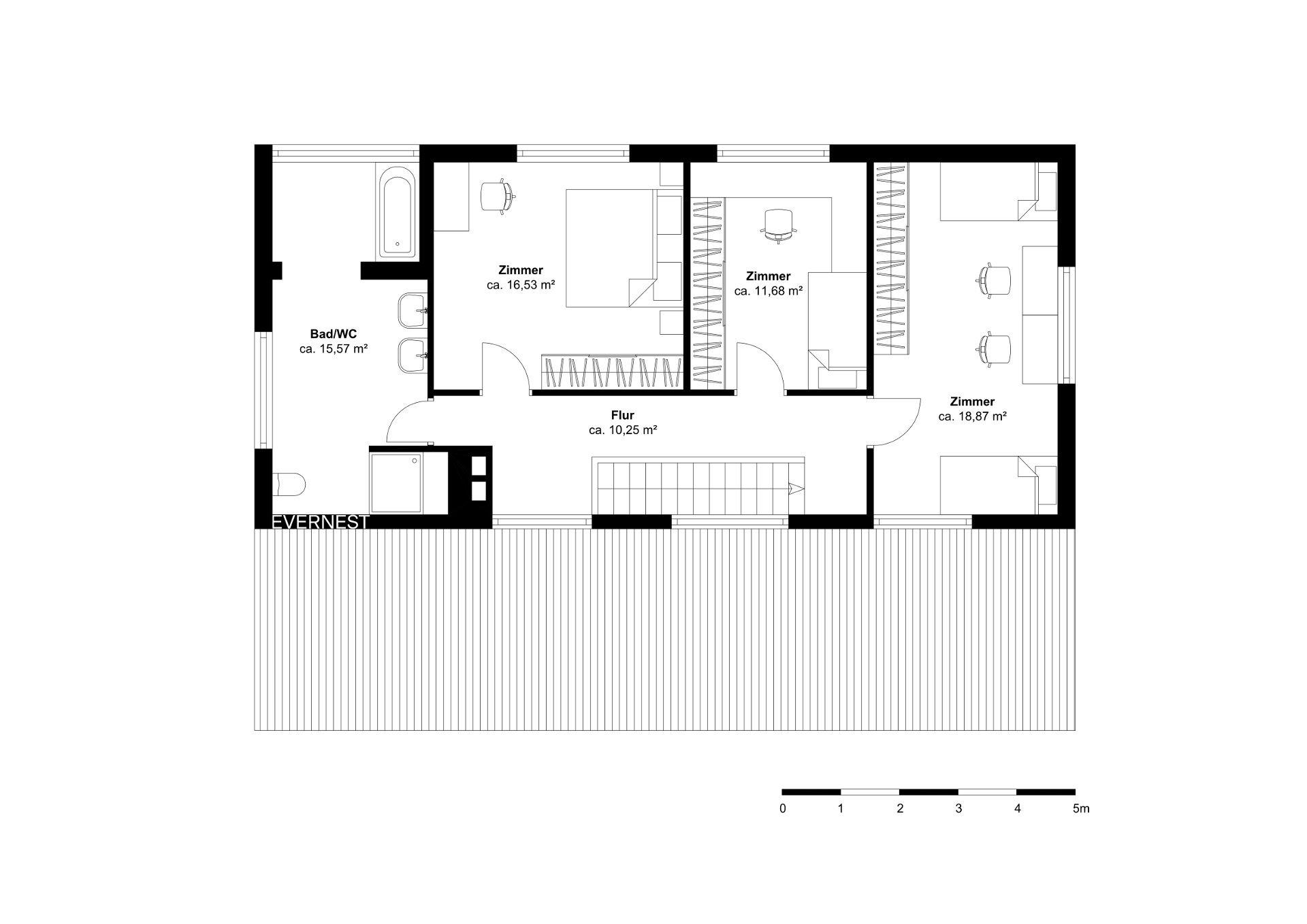 Grundriss mit drei Zimmern, Bad/WC und Flur, inklusive Treppe und Balkon.
