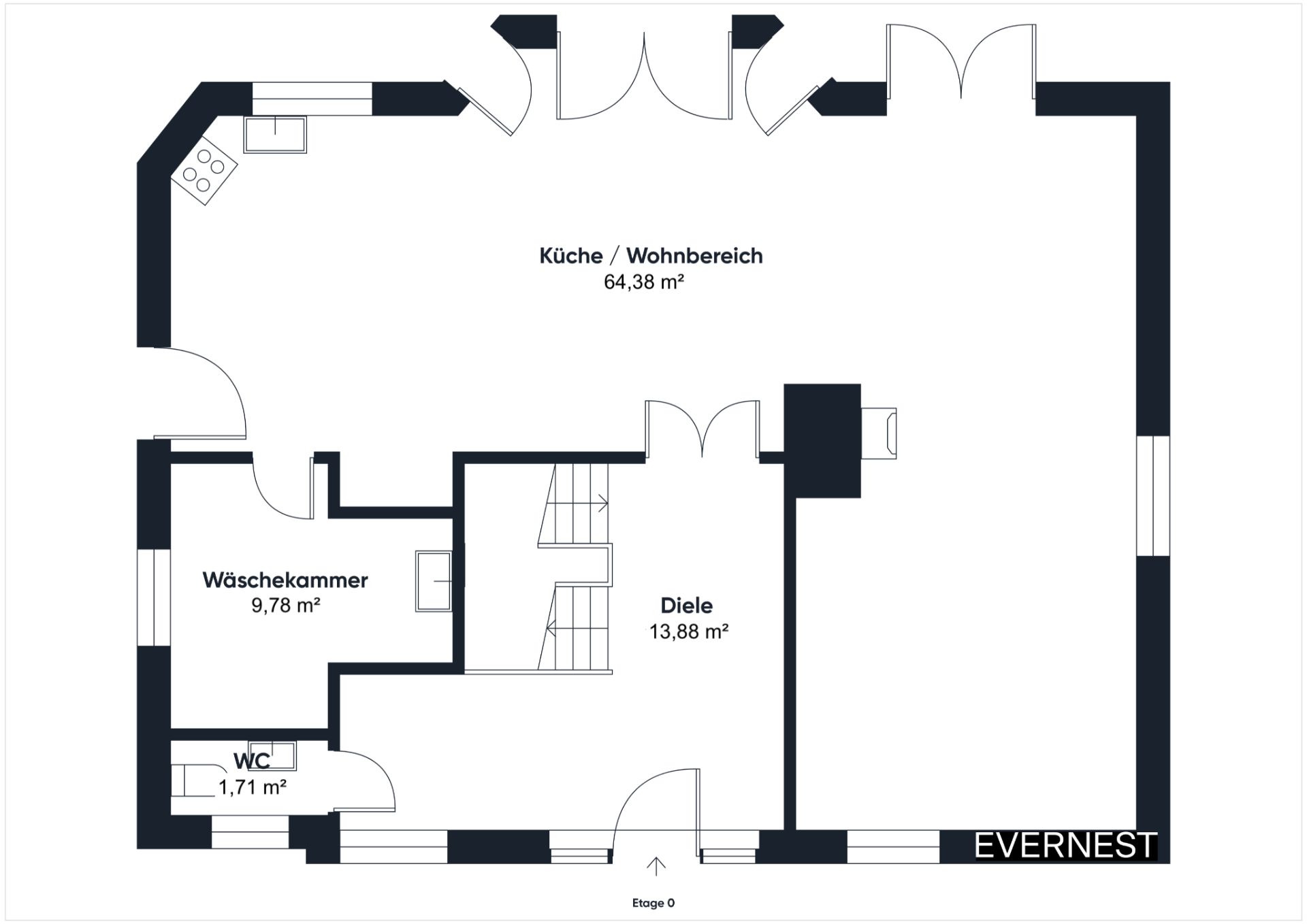 Grundriss mit Küche/Wohnbereich, Diele, Waschküche und WC im Erdgeschoss.