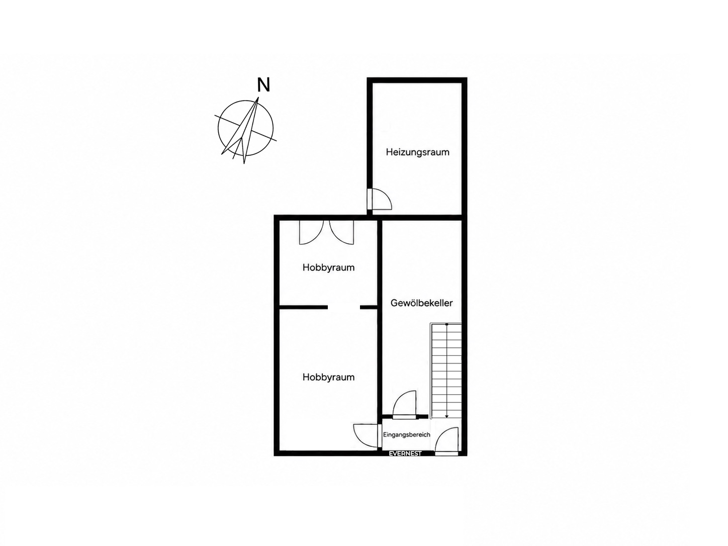 Grundriss mit Heizungsraum, zwei Hobbyräumen, Gewölbekeller und Eingangsbereich.