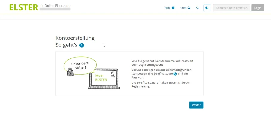 ELSTER Screenshot_Login erstellen