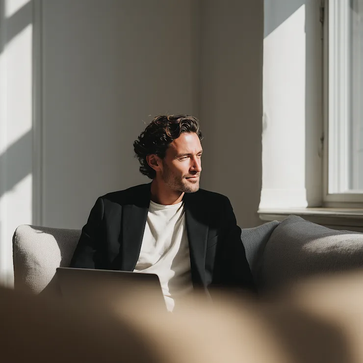 Ein Mann sitzt auf einem Sofa in einem hellen Wohnraum vor einem Fenster.