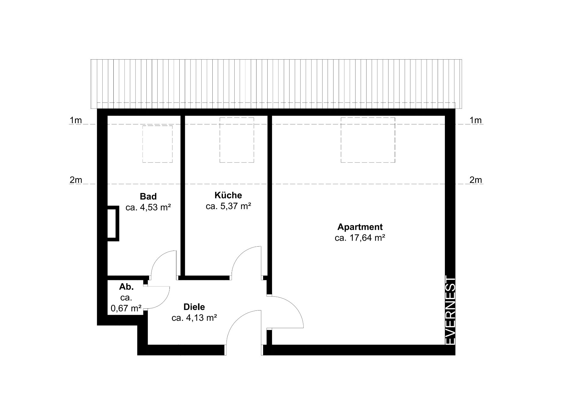 Grundriss einer Wohnung mit Bad, Küche, Abstellraum, Diele und Wohnbereich.