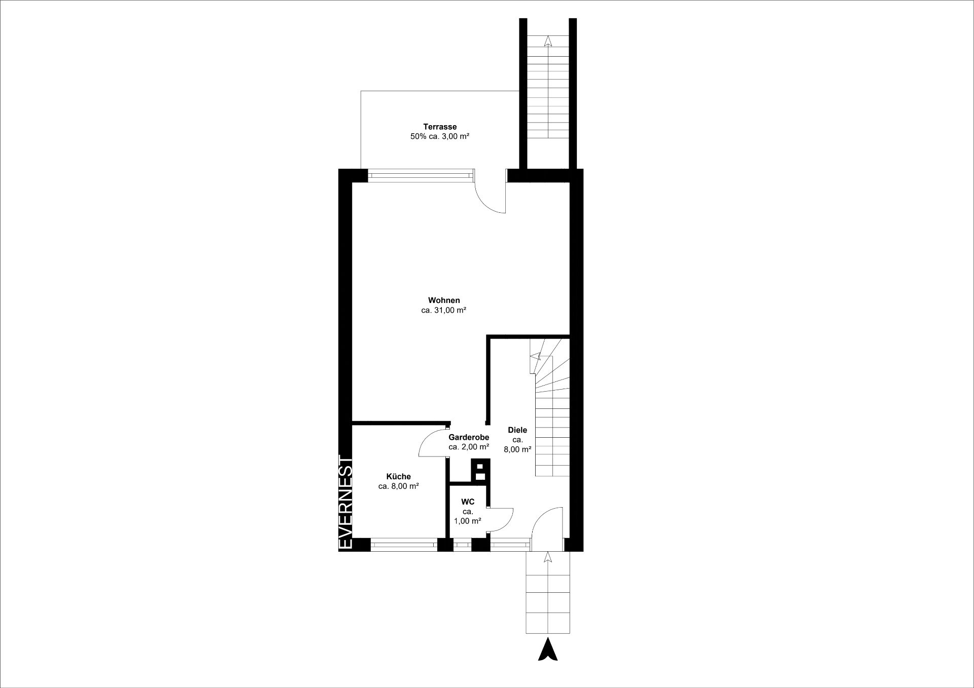 Grundriss eines Wohnbereichs mit Küche, WC, Garderobe, Diele und Terrasse.
