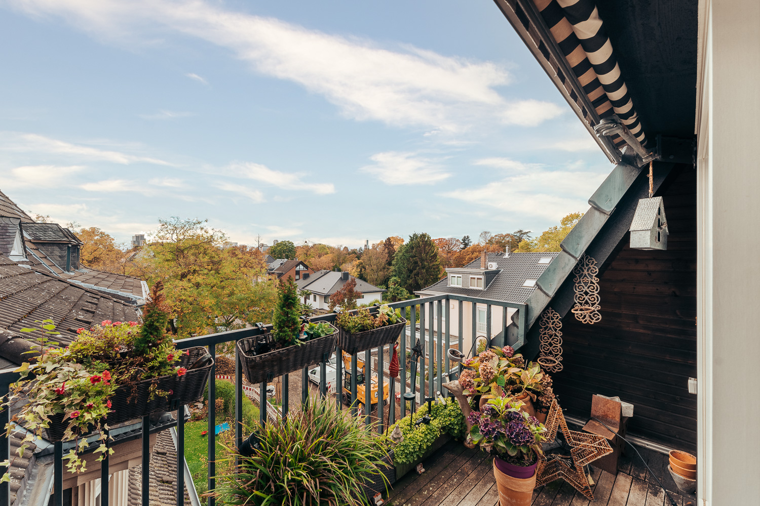 Balkon mit vielen Pflanzen, Blick auf Nachbarhäuser und grüne Bäume unter blauem Himmel.