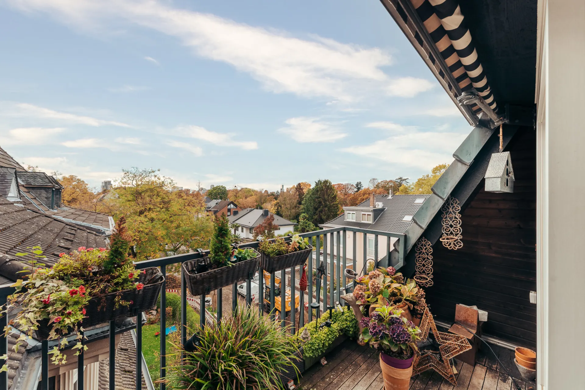 Balkon mit vielen Pflanzen, Blick auf Nachbarhäuser und grüne Bäume unter blauem Himmel.