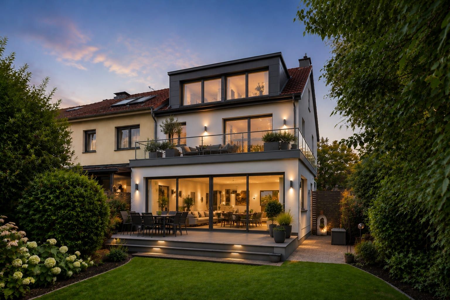 Modernes dreistöckiges Wohnhaus mit großem Garten und Terrasse bei Abenddämmerung.