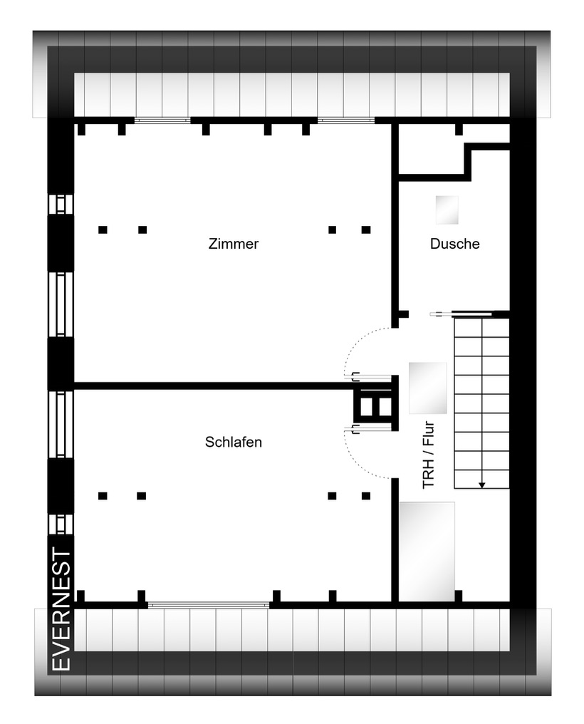 Grundriss mit Zimmer, Schlafbereich, Dusche, Flur und Treppe.