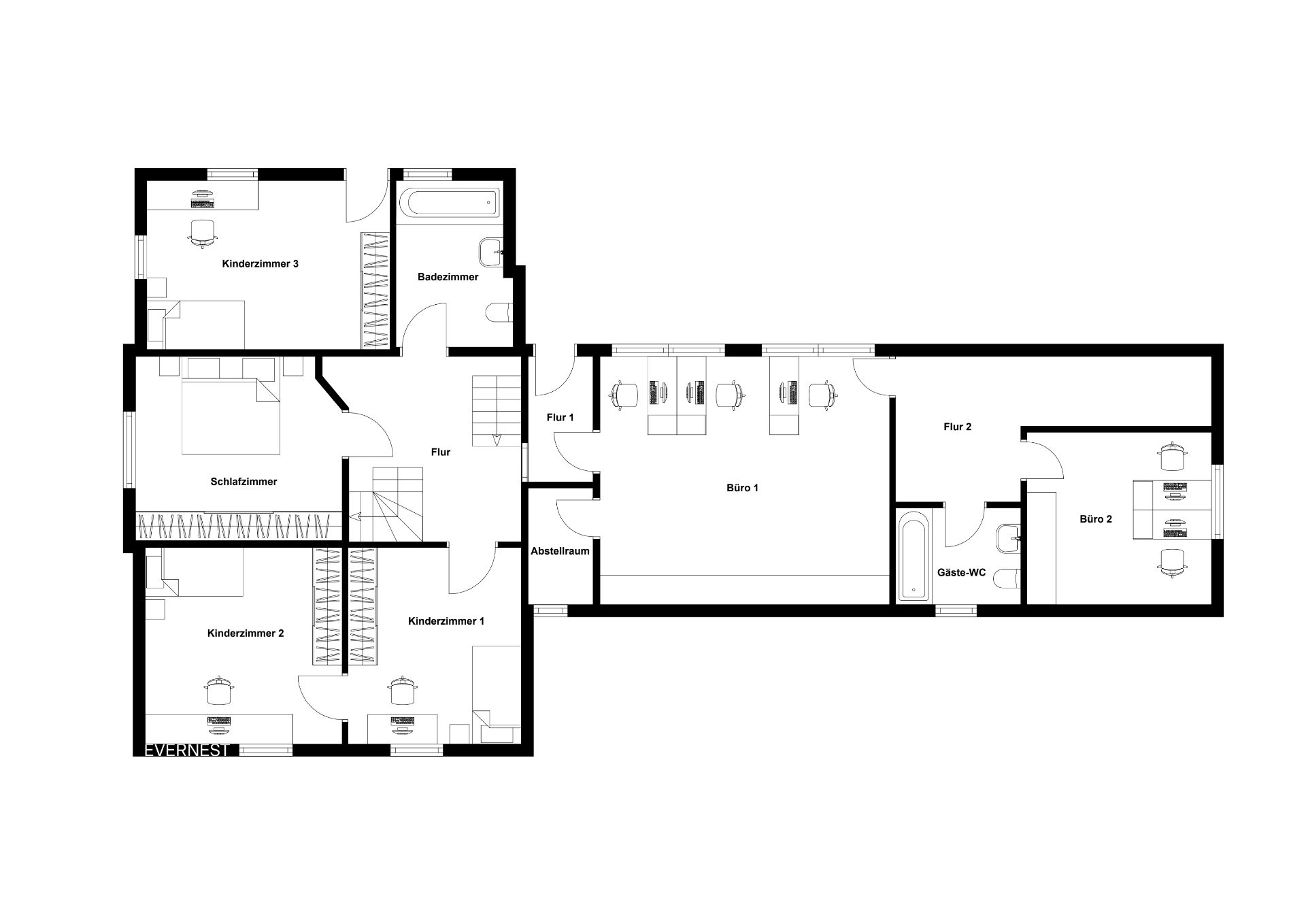 Grundriss mit Schlafzimmer, drei Kinderzimmern, Bad, Abstellraum sowie zwei Büroräumen und Gäste-WC.