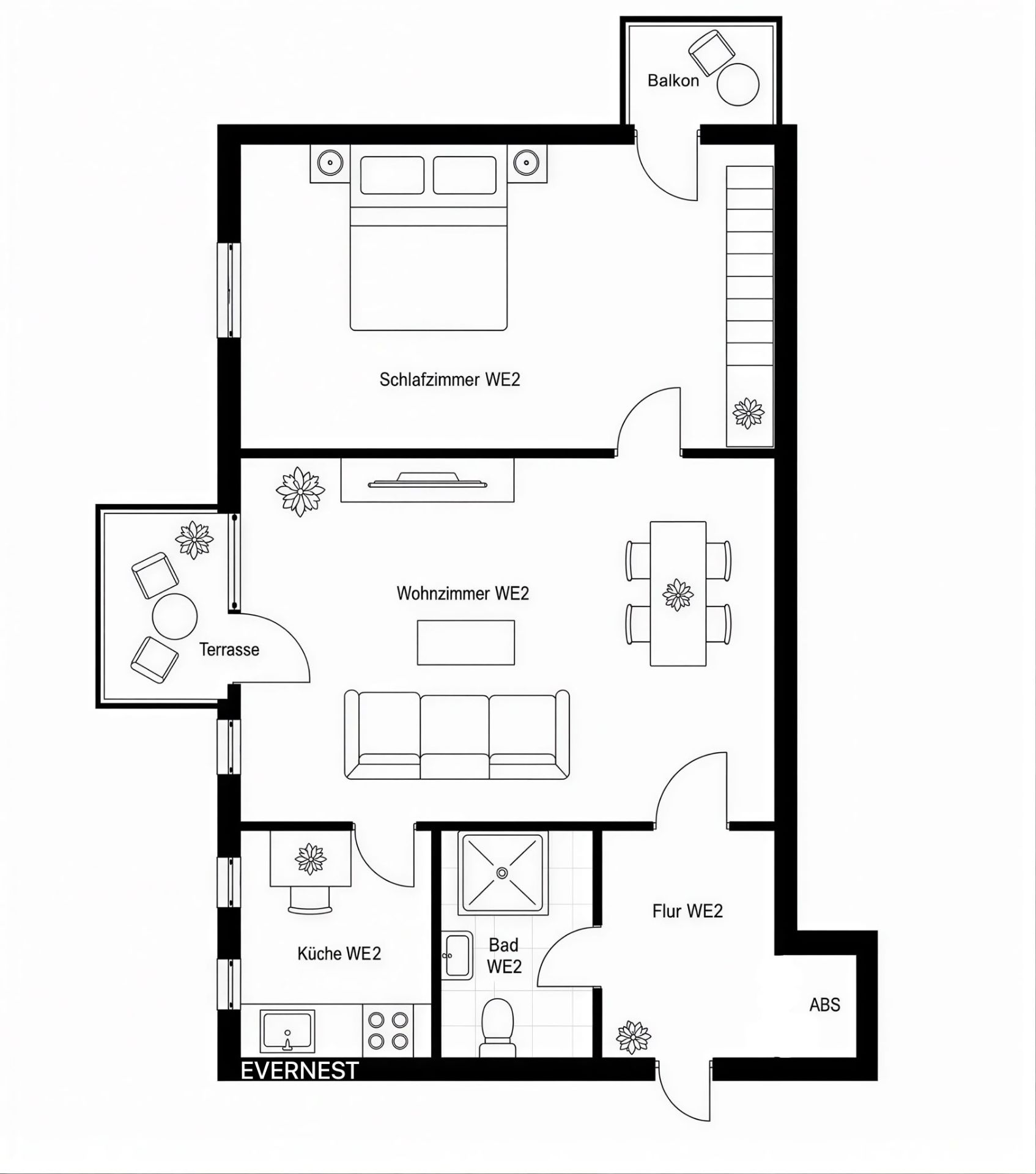 Grundriss einer Wohnung mit Schlafzimmer, Wohnzimmer, Küche, Bad, Flur, Terrasse und Balkon.