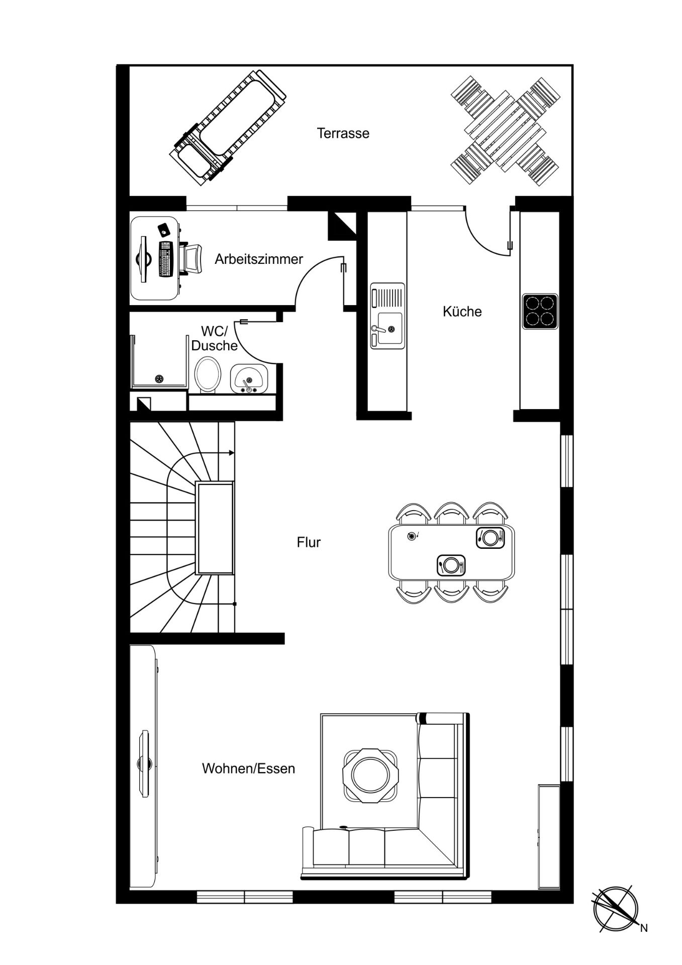 Grundriss mit Wohnzimmer, Essbereich, Küche, WC/Dusche, Arbeitszimmer und Terrasse.
