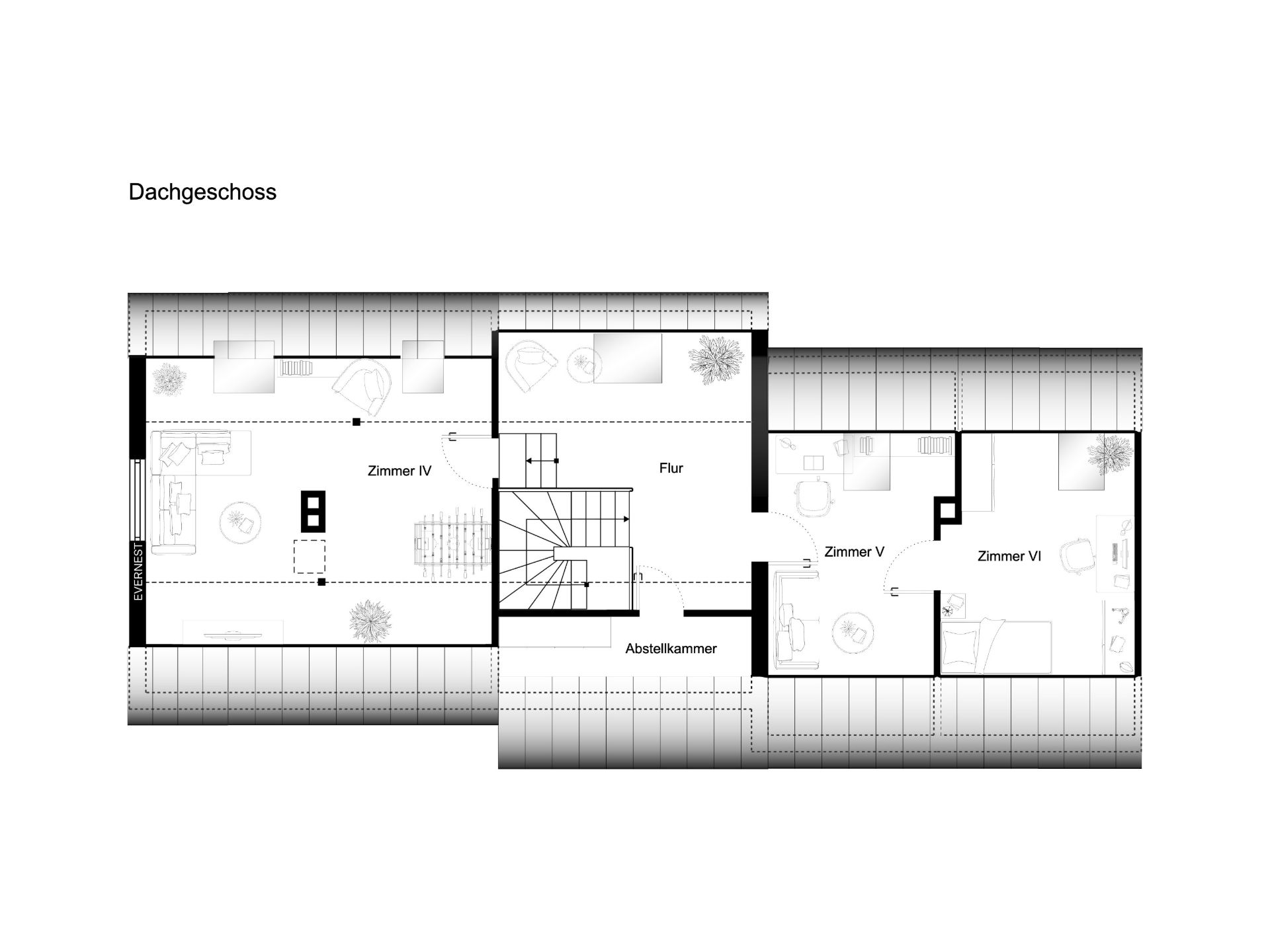 Grundriss eines Dachgeschosses mit Flur, drei Zimmern und Abstellkammer.