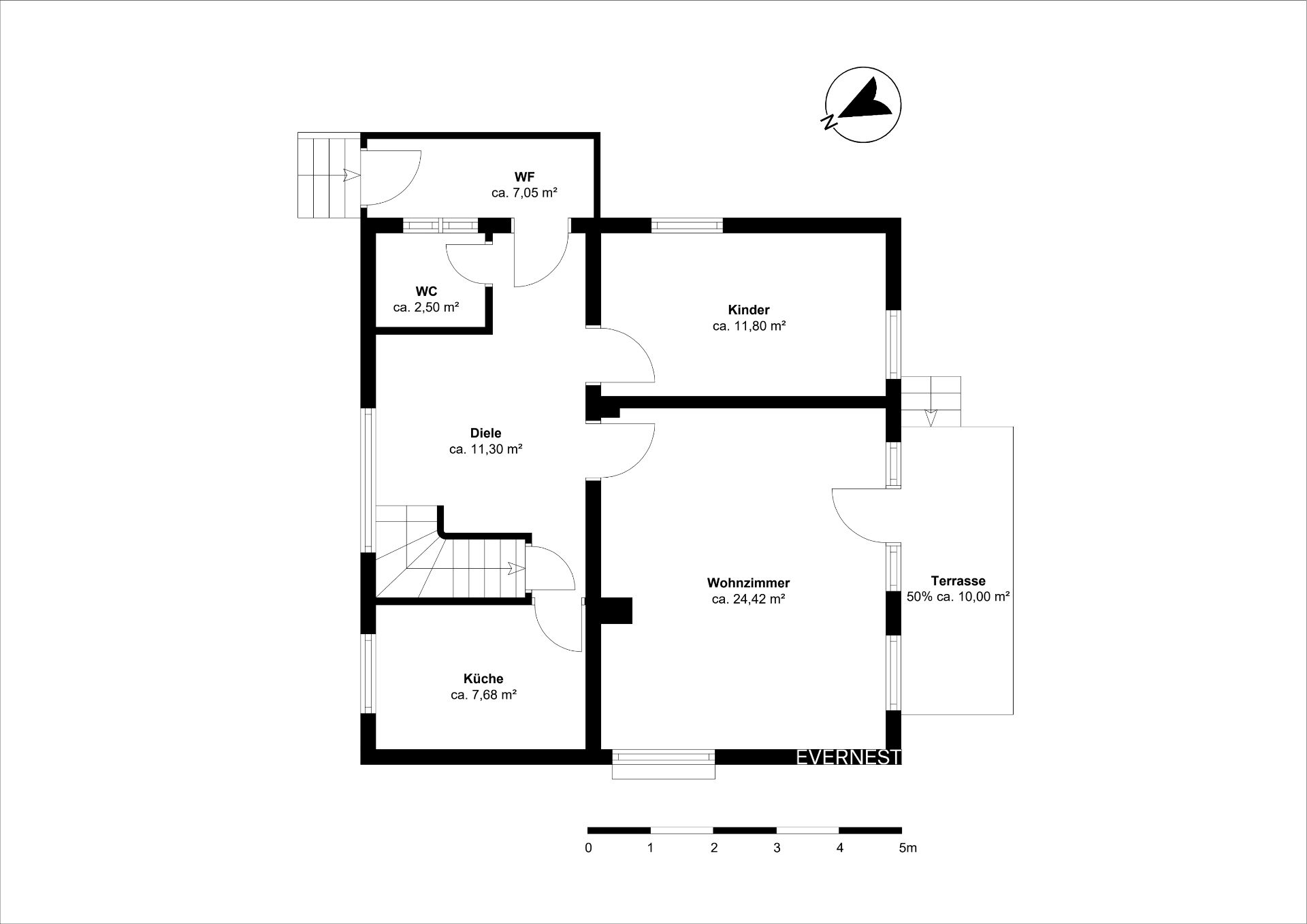 Grundriss einer Wohnung mit Wohnzimmer, Küche, Kinderzimmer, WC, Diele, Waschraum und Terrasse.