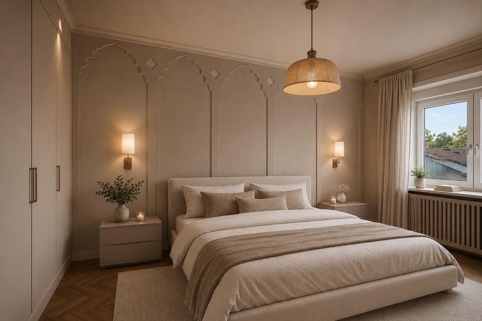 Modernes Schlafzimmer mit großem Bett, Nachttischen, Kleiderschrank und Fenster.