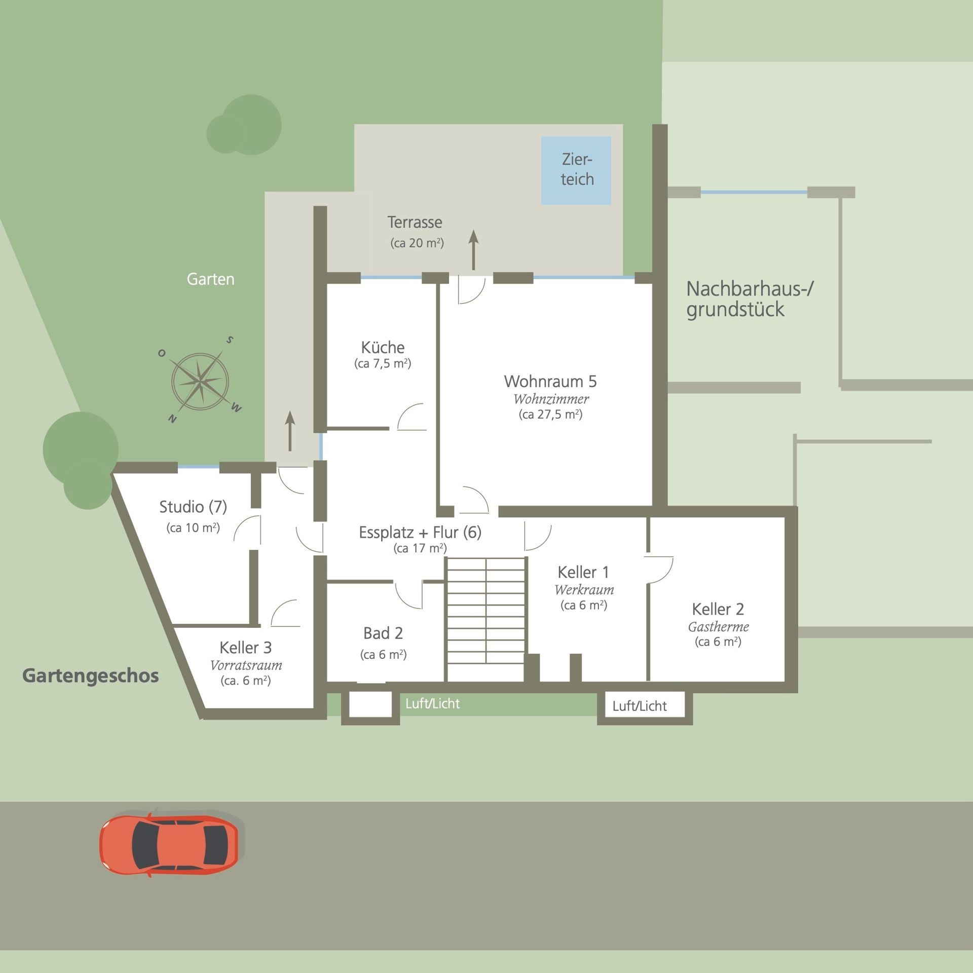 Grundriss eines Erdgeschosses mit Terrasse, Wohnzimmer, Küche, Bad, Studio und Kellerräumen.