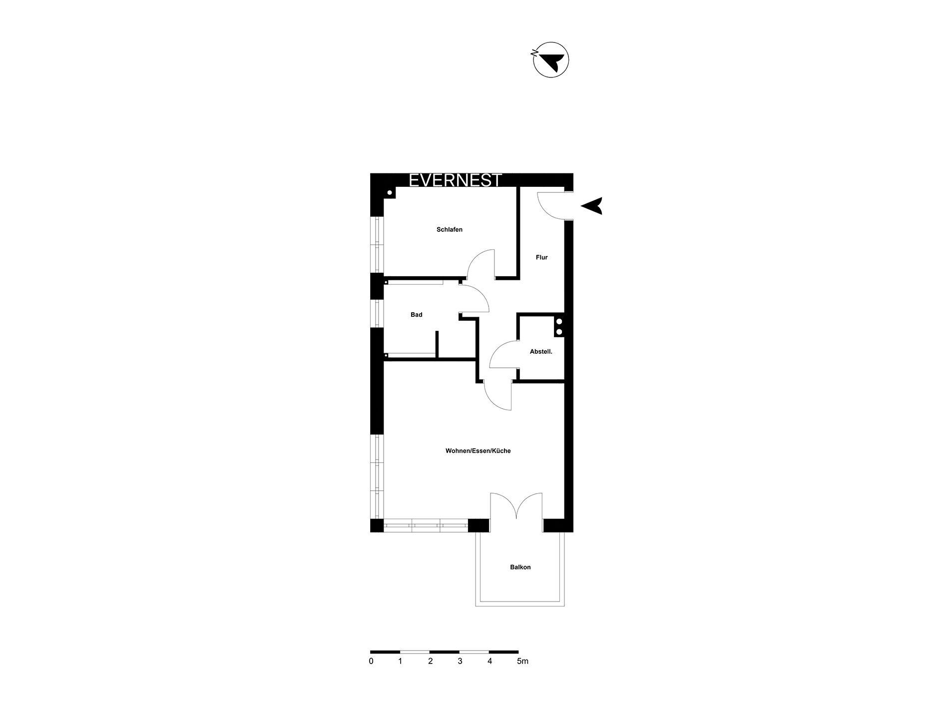Grundriss einer Wohnung mit Schlaf-, Wohn-, Esszimmer, Küche, Bad, Abstellraum, Flur und Balkon.