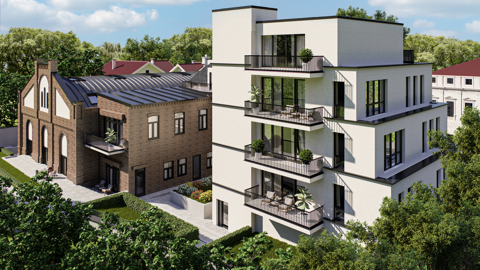Moderne Wohngebäude mit Balkonen und altem Backsteinhaus, umgeben von Bäumen und Grünflächen.