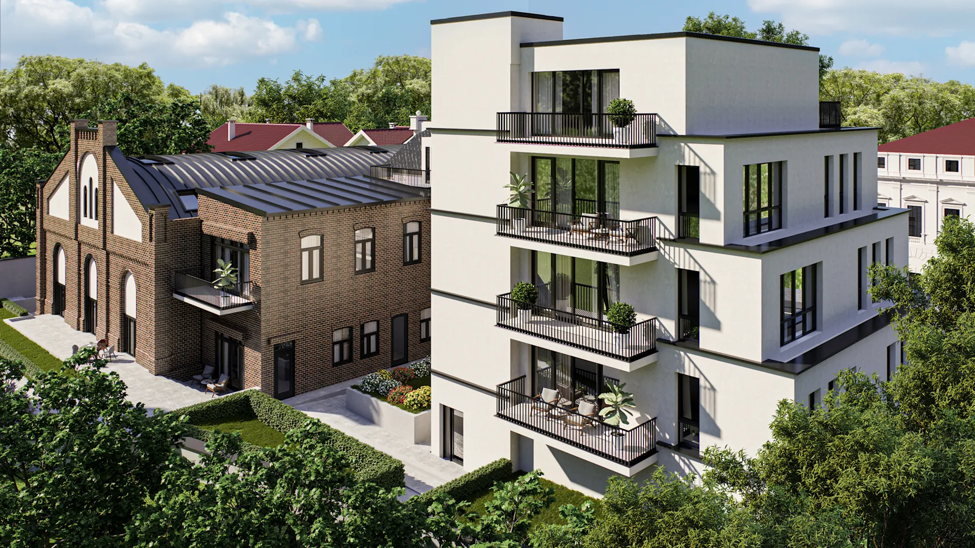 Moderne Wohngebäude mit Balkonen und altem Backsteinhaus, umgeben von Bäumen und Grünflächen.
