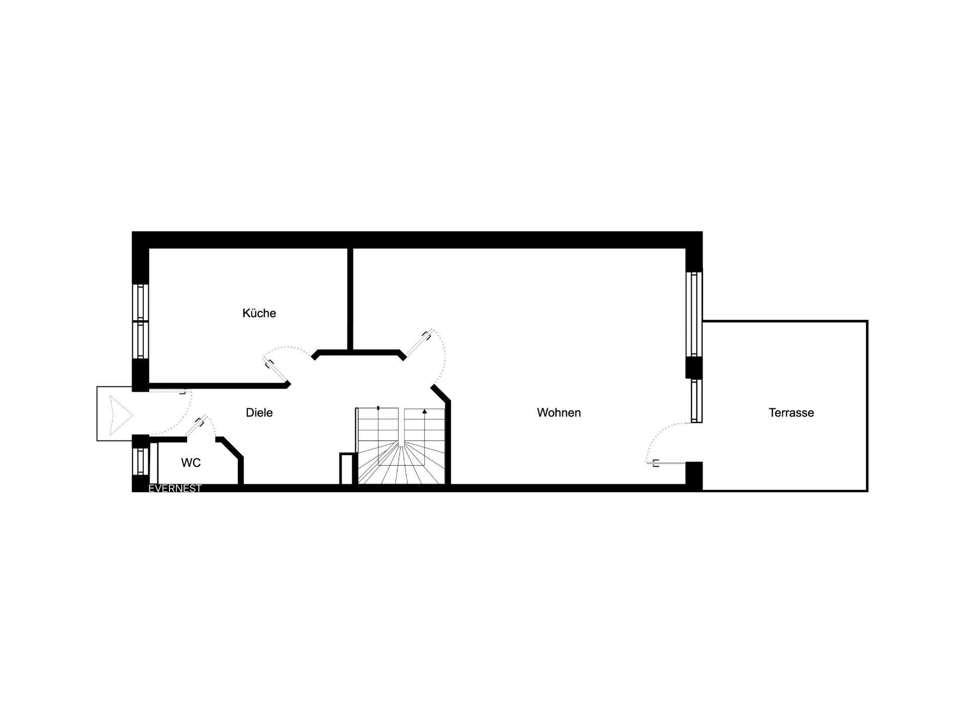 Grundriss mit Küche, Diele, WC, Wohnzimmer, Terrasse und Treppe.
