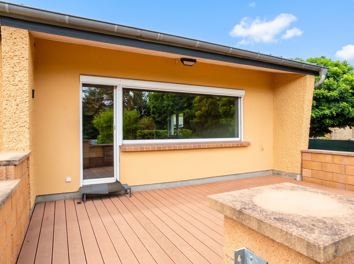Große Terrasse mit Holzboden, gelber Wand und großer Fensterfront, Blick auf Bäume.