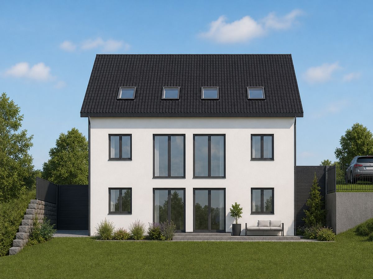Modernes weißes Wohnhaus mit schwarzen Fenstern, Garten, Terrasse und schrägem Dach.