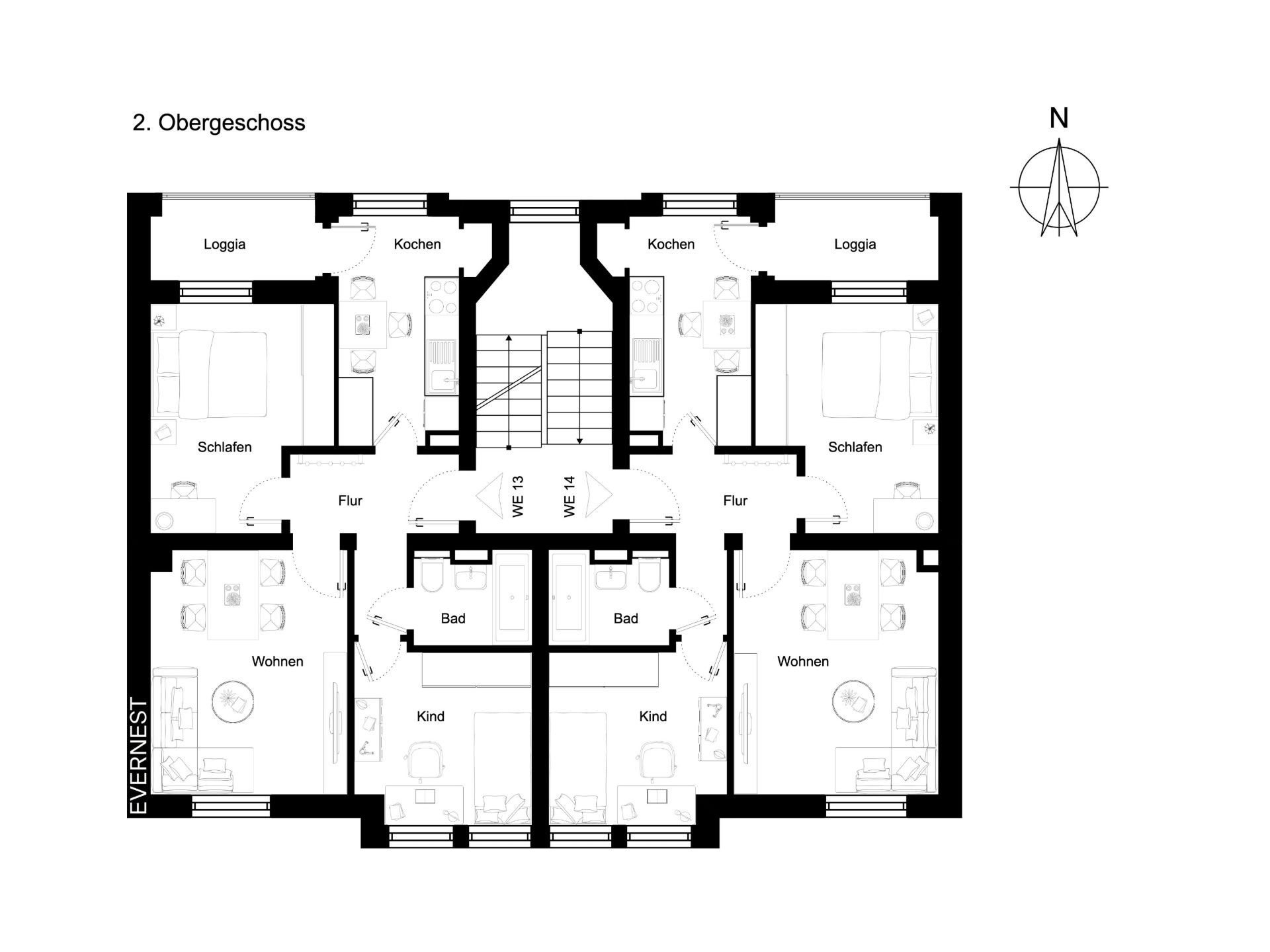 Grundriss einer Etage mit zwei Wohnungen, jeweils mit Wohnzimmer, Schlafzimmer, Kinderzimmer, Bad und Küche.