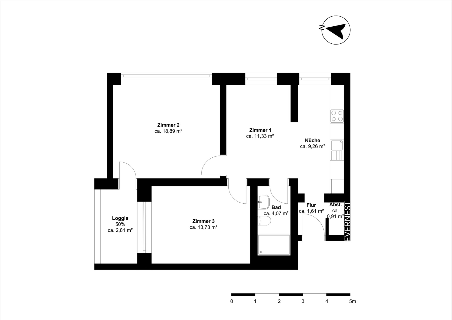 Grundriss einer Wohnung mit drei Zimmern, Küche, Bad, Flur, Abstellraum und Loggia.