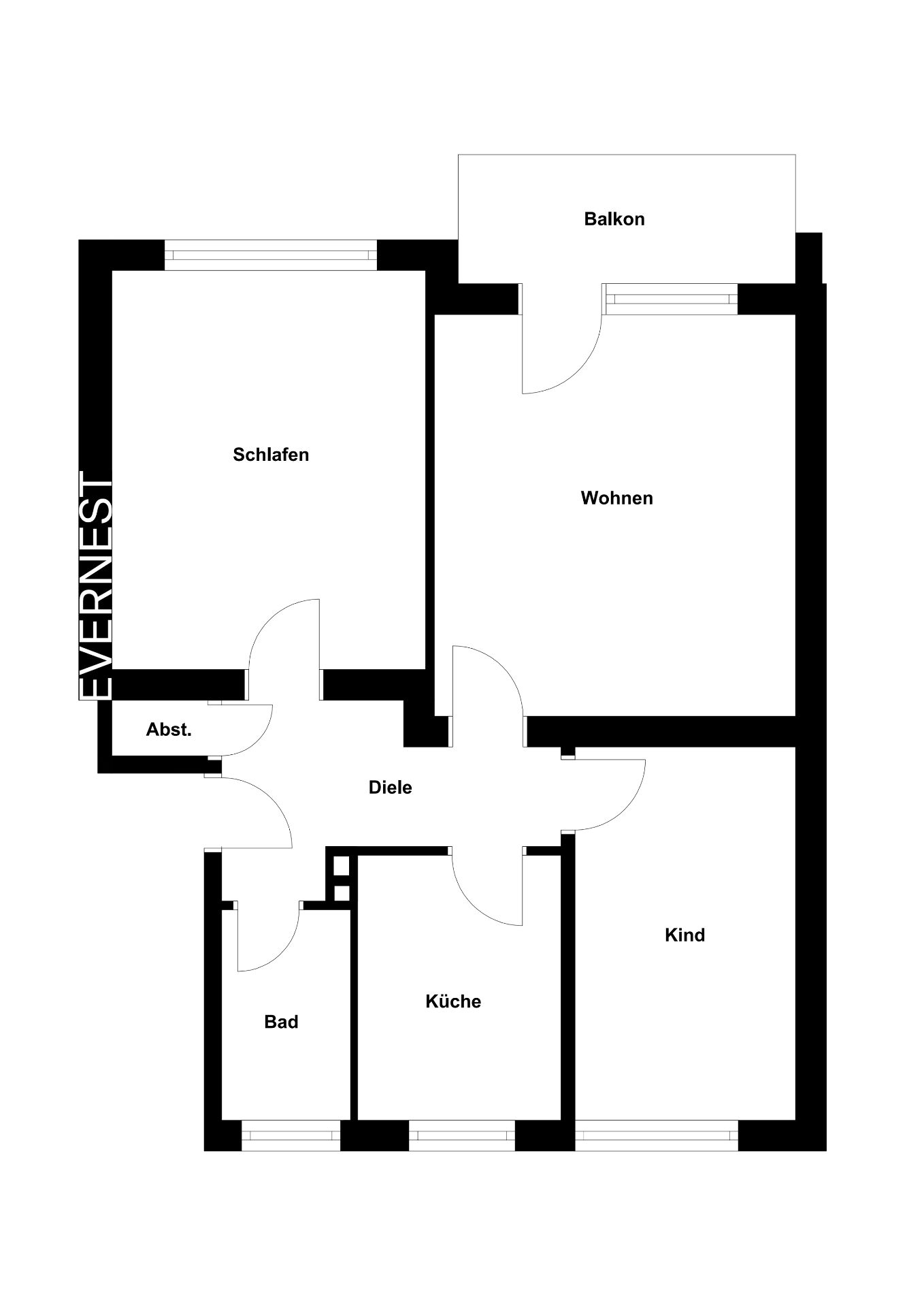 Grundriss einer Wohnung mit Schlafzimmer, Wohnzimmer, Kinderzimmer, Bad, Küche und Balkon.