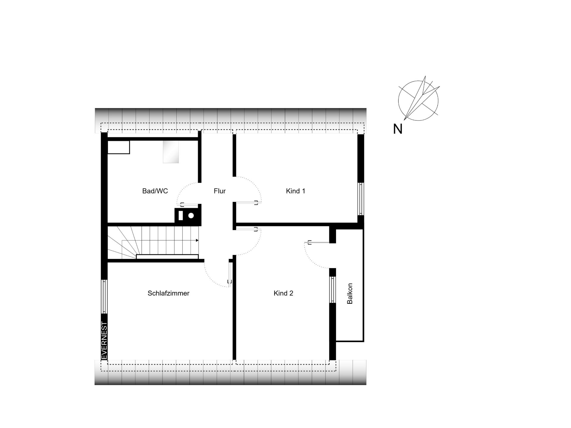 Grundriss zeigt Schlafzimmer, zwei Kinderzimmer, Bad/WC, Flur und Balkon.