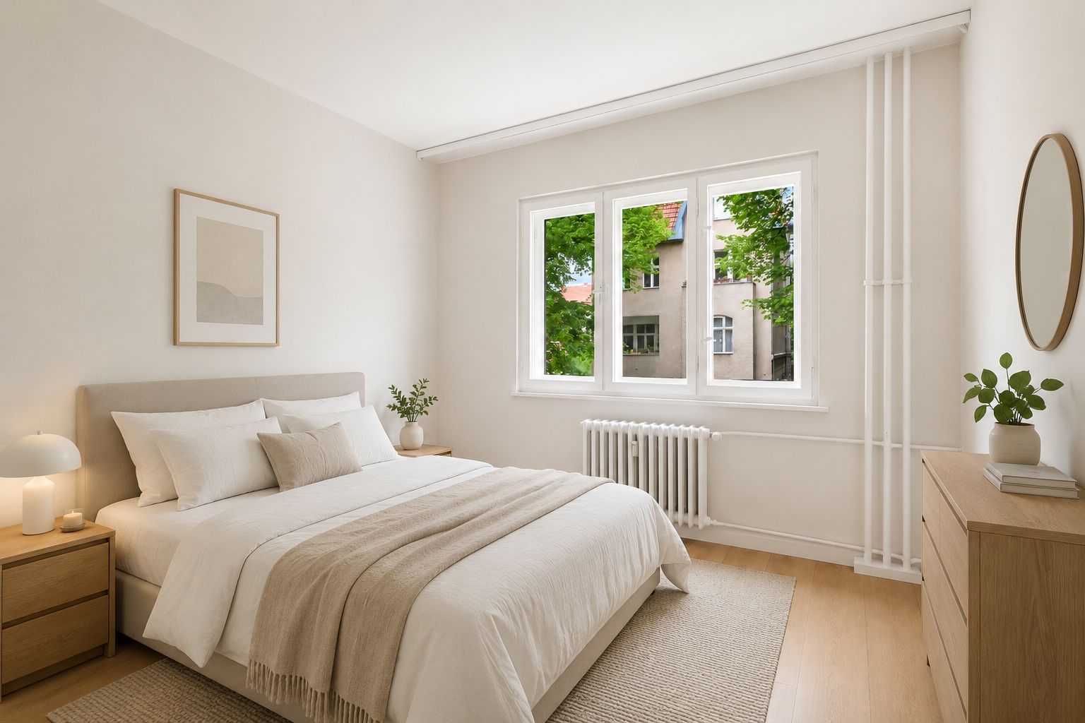 Helles Schlafzimmer mit Doppelbett, Nachttisch, Kommode und großem Fenster.
