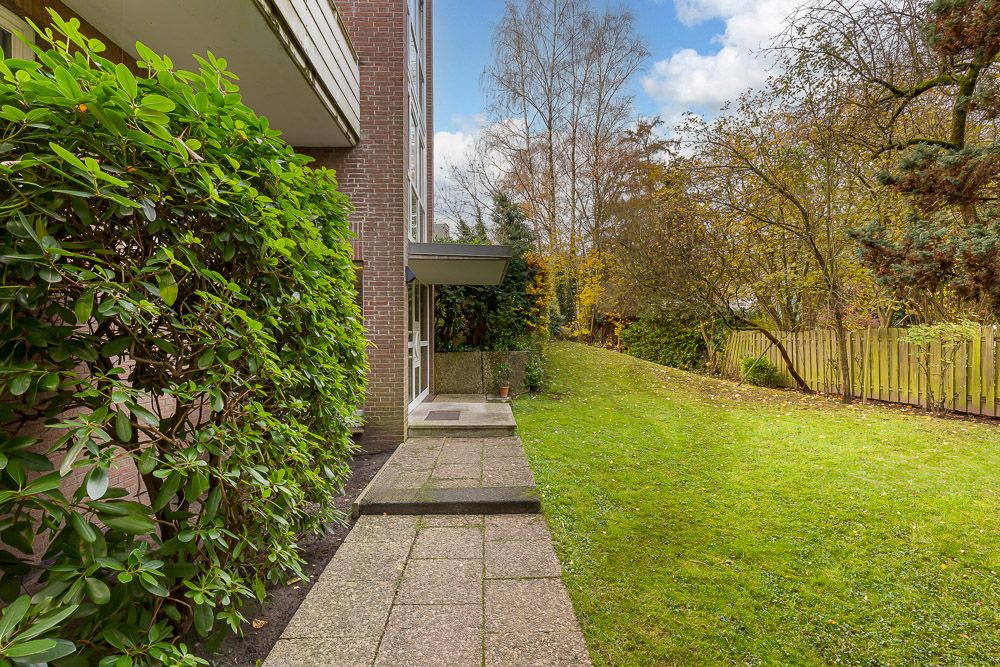 Gepflegter Garten mit Rasenfläche, Terrasse und Sträuchern neben einem Wohngebäude.