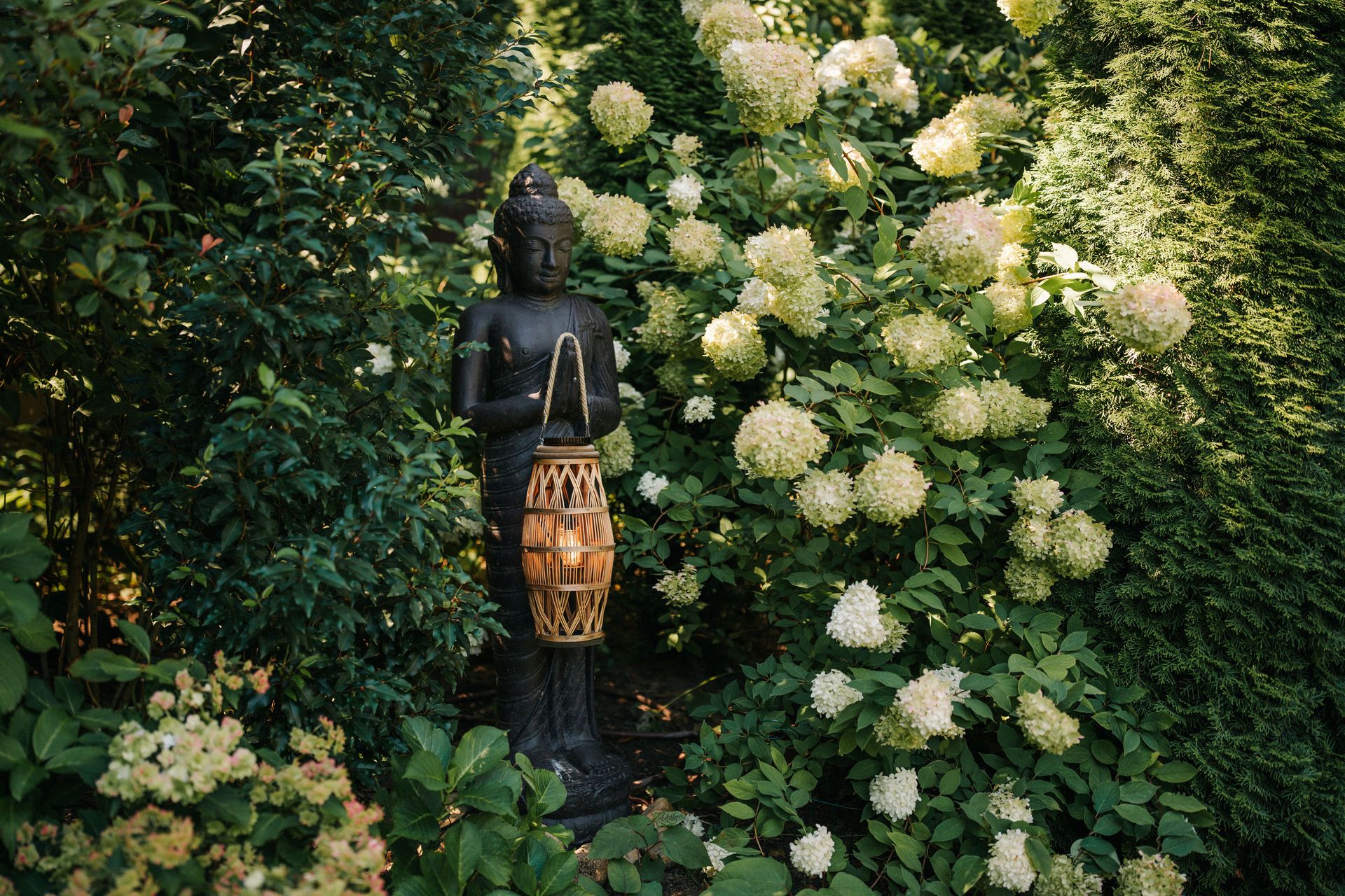Garten mit einer Buddha-Statue und blühenden weißen Hortensienbüschen.