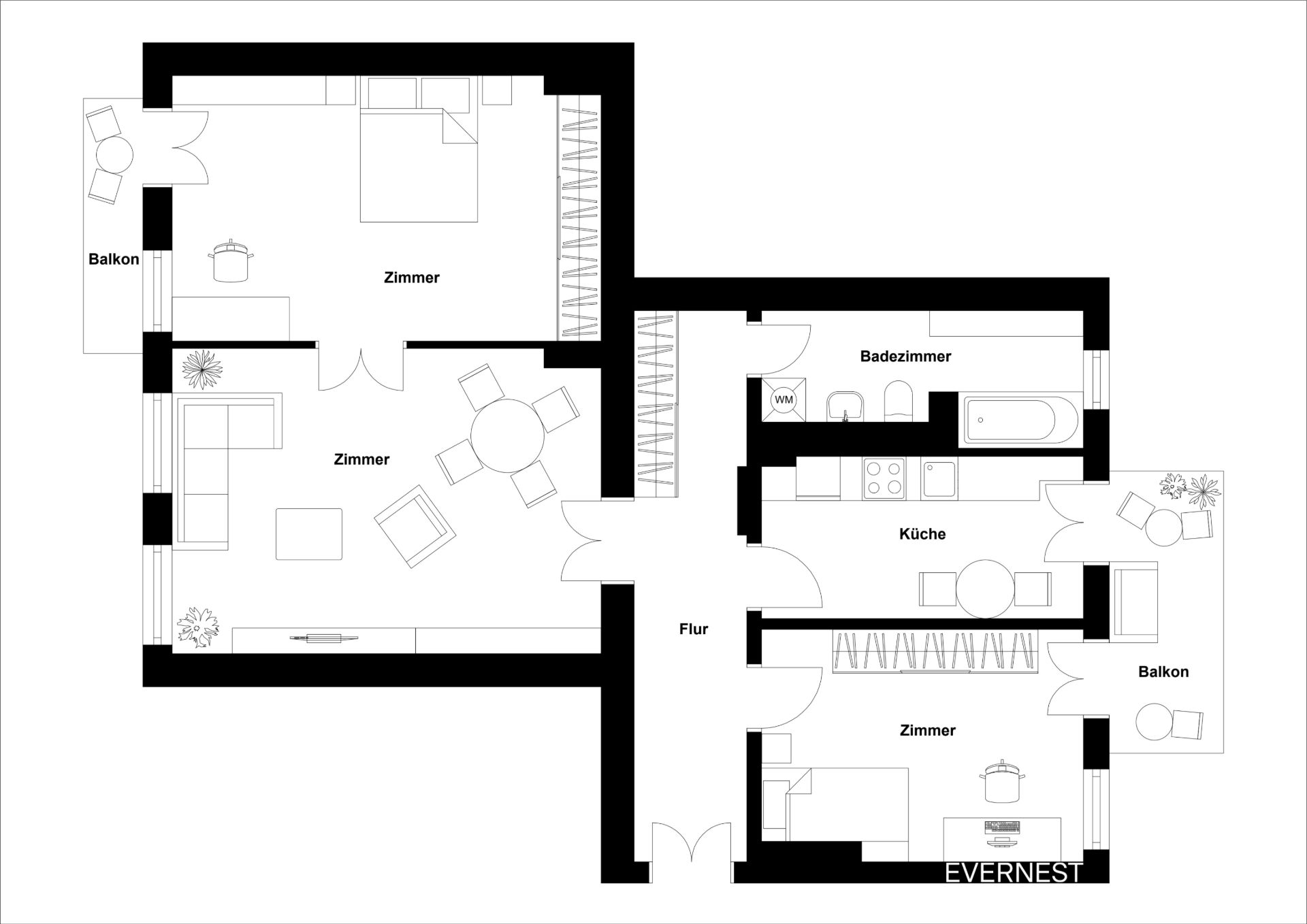 Grundriss einer Wohnung mit drei Zimmern, Küche, Bad, Flur und zwei Balkonen.