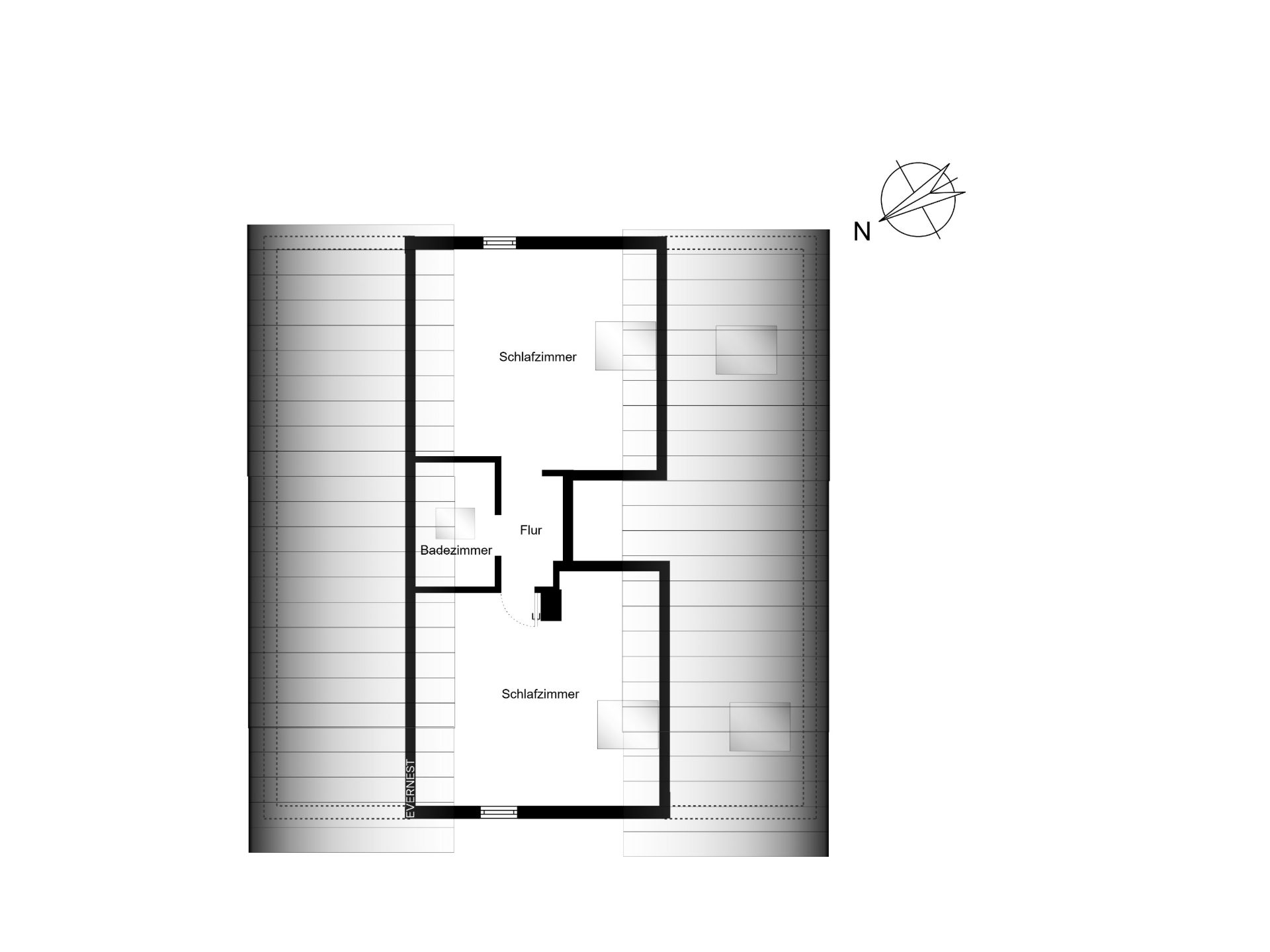 Grundriss mit zwei Schlafzimmern, einem Badezimmer und einem Flur.