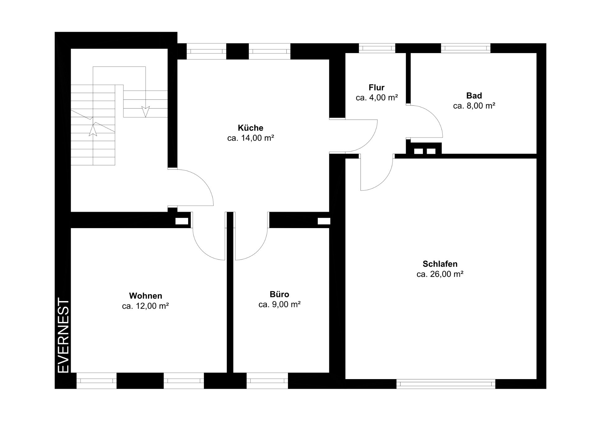 Grundriss mit Küche, Bad, Flur, Wohnen, Büro und Schlafzimmer, Räume beschriftet mit Quadratmetern.