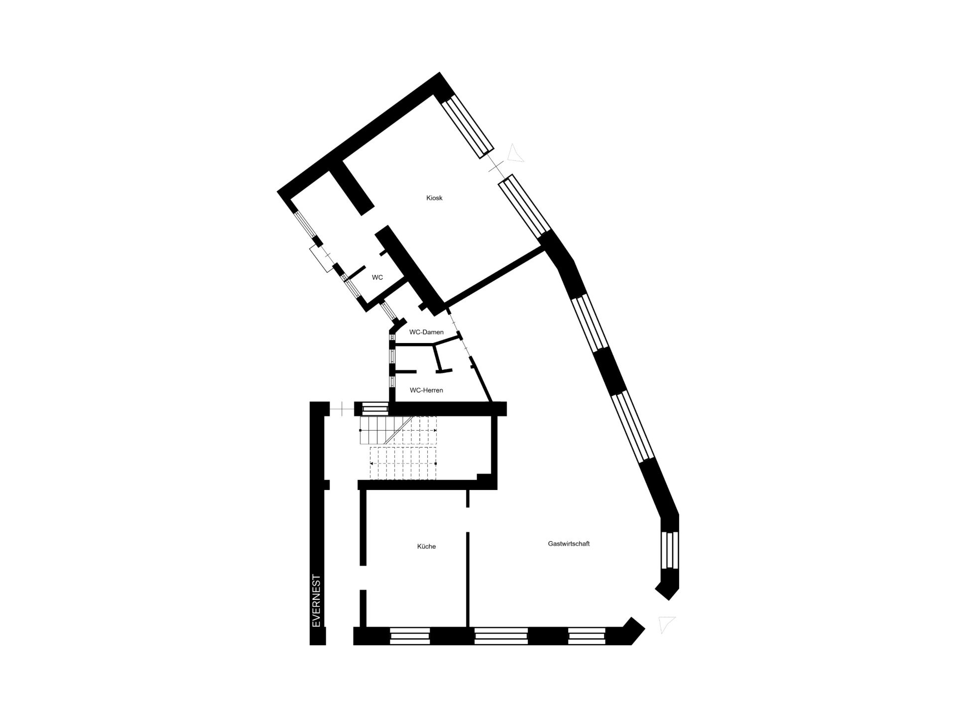 Grundriss einer Wohnung mit Küche, Gästezimmer, Kiosk sowie WC-Räumen und Eingangsbereich.