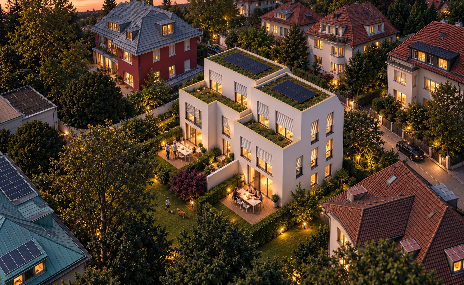 Moderne weiße Wohnhäuser mit begrünten Dächern, umgeben von Gärten und Nachbargebäuden bei Sonnenuntergang.