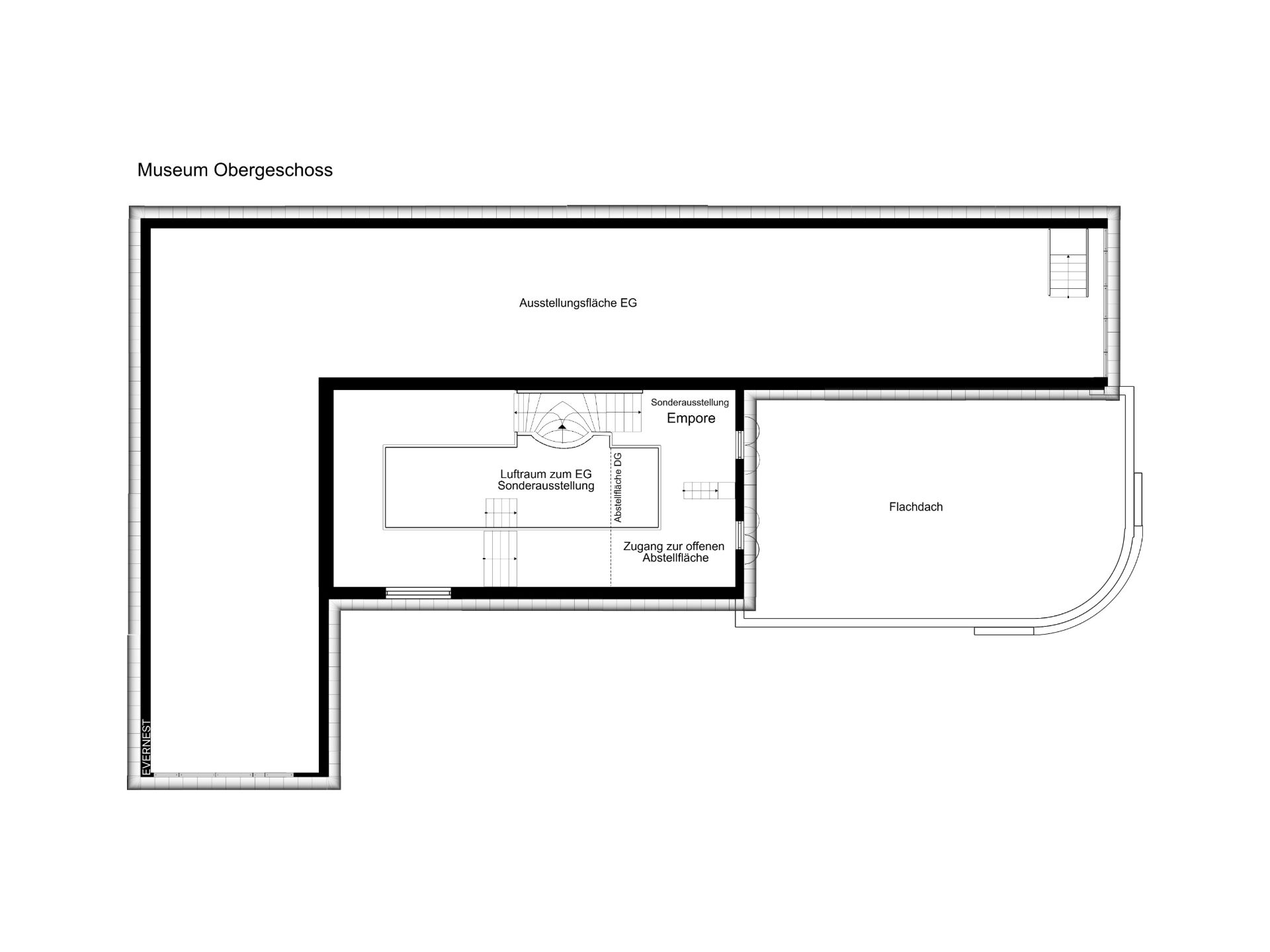 Grundriss eines Obergeschosses mit Ausstellungsfläche, Empore und Flachdach.