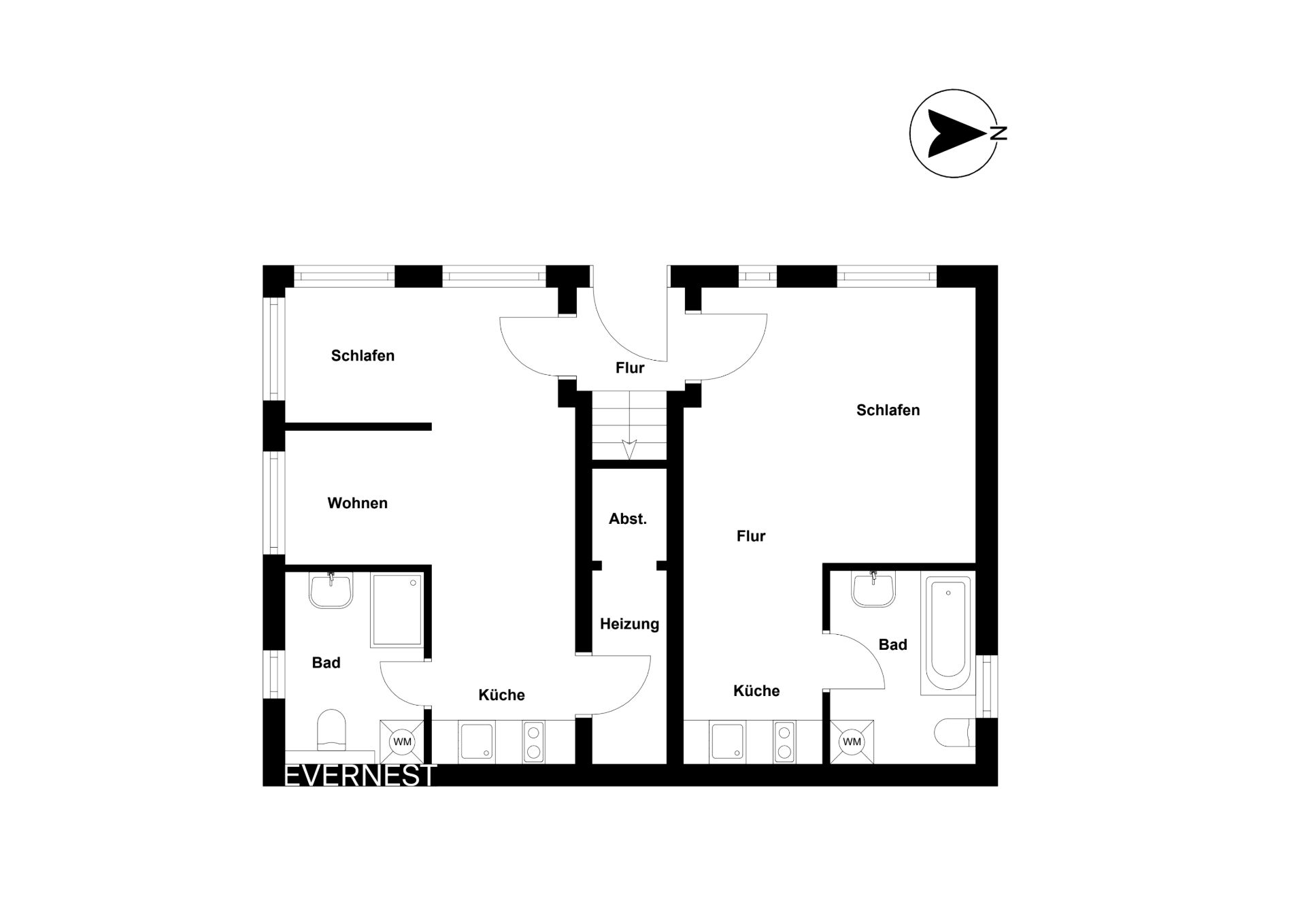 Grundriss einer Wohnung mit Schlafzimmer, Wohnzimmer, Bad, Küche und Flur.