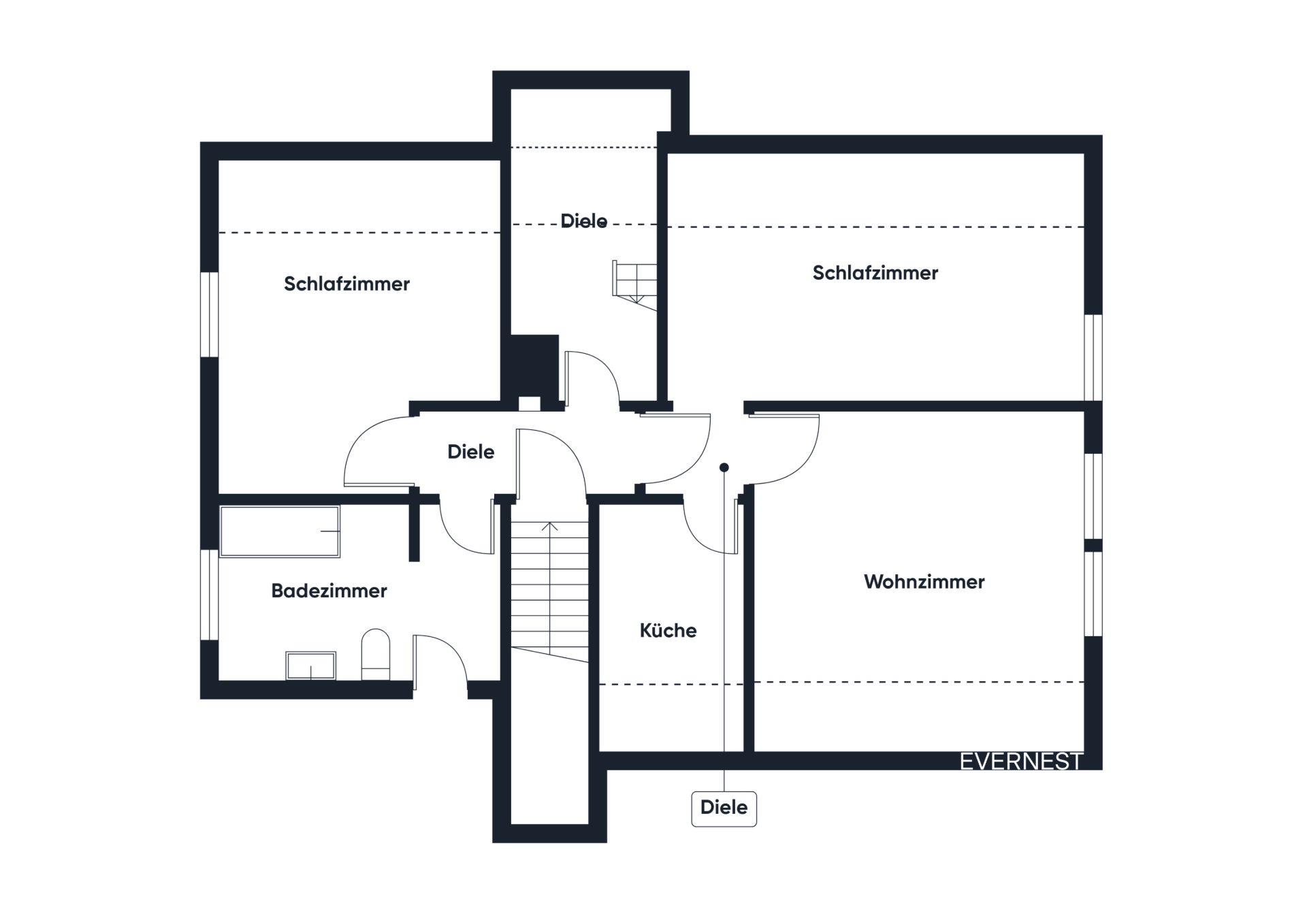 Grundriss einer Wohnung mit zwei Schlafzimmern, Wohnzimmer, Küche, Bad und Flur.