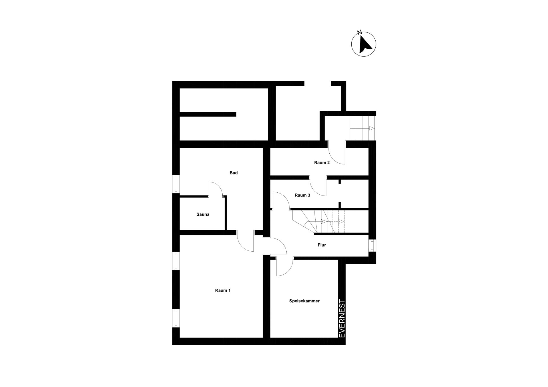 Grundriss mit Räumen, Flur, Bad, Sauna und Speisekammer, Beschriftungen sind sichtbar.