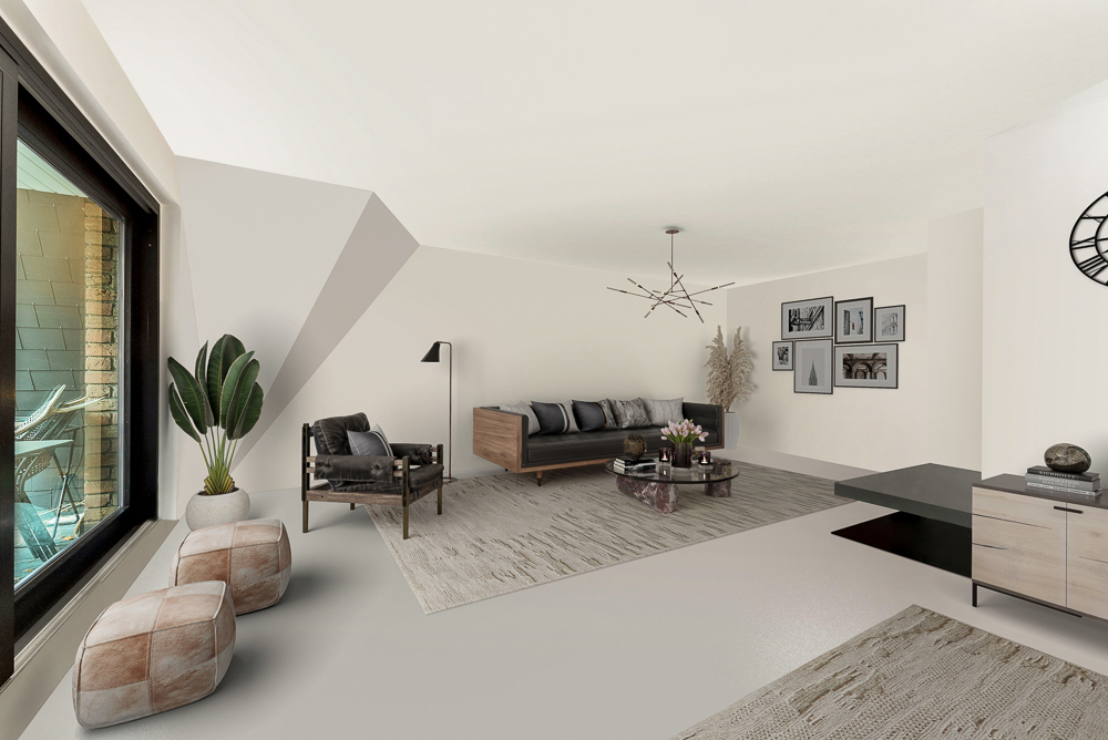 Modernes Wohnzimmer mit Sofa, Sessel, Couchtisch, Pflanzen und großem Fenster.