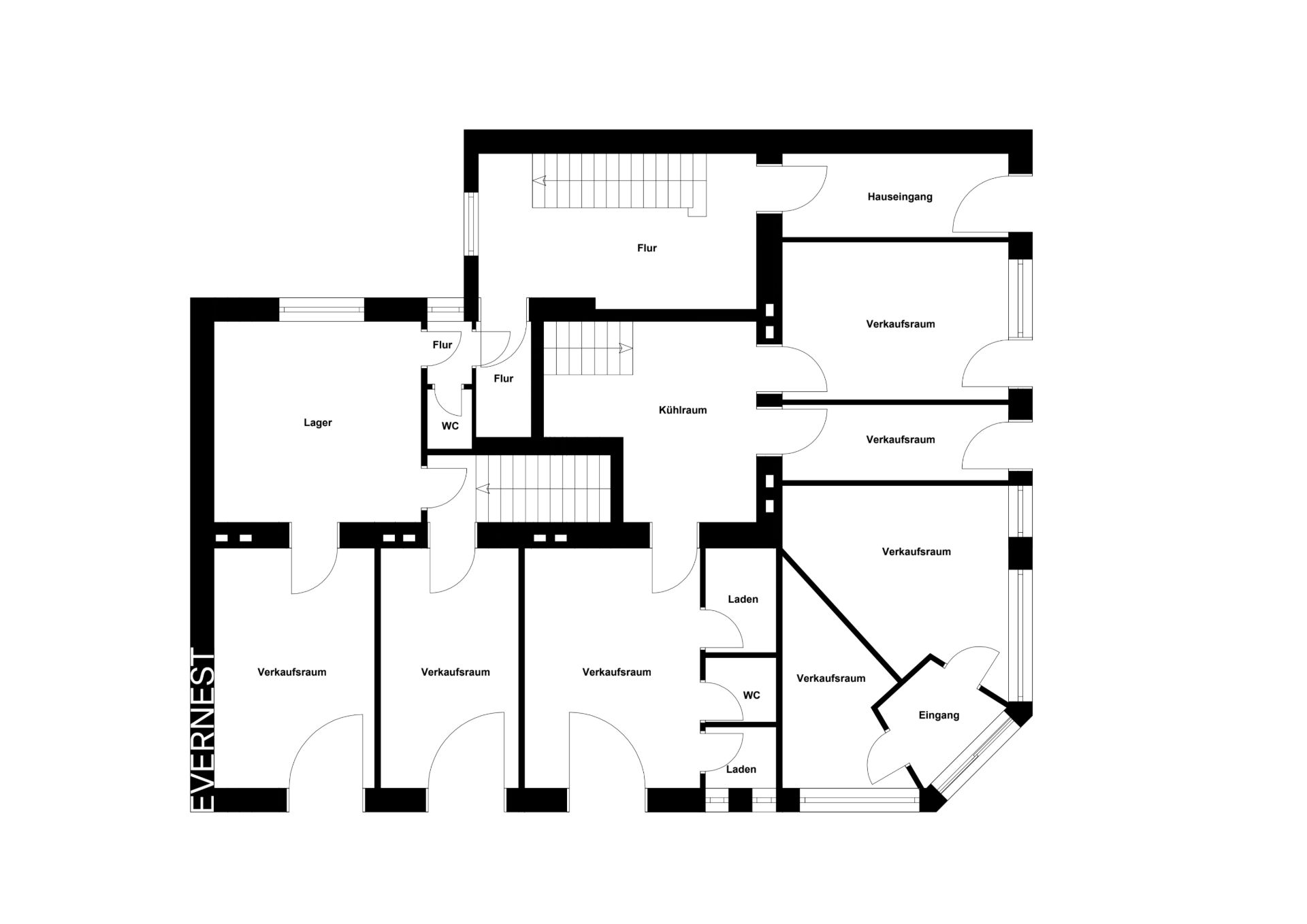 Grundriss einer Wohnung mit Verkaufsräumen, Lager, Kühlraum, WC, Flur und zwei Eingängen.