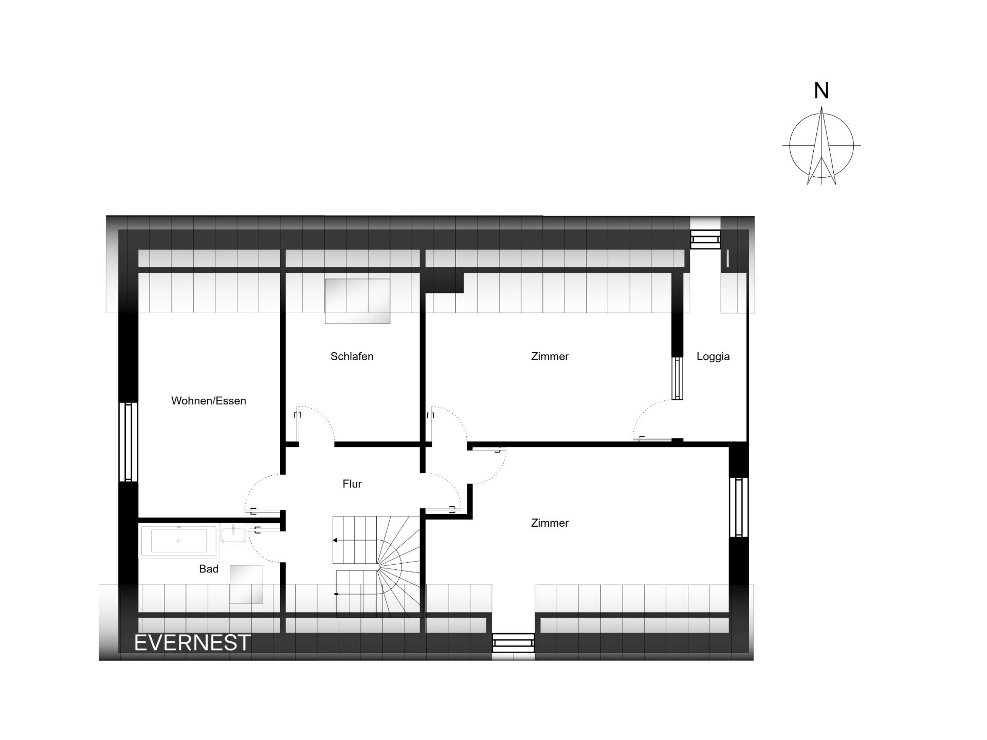 Grundriss mit Wohnzimmer, Essbereich, Schlafzimmer, zwei Zimmern, Bad, Flur und Loggia.