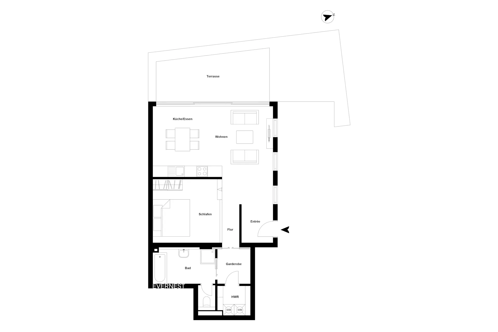 Grundriss einer Wohnung mit Schlafzimmer, Bad, Küche, Wohnzimmer und Terrasse.