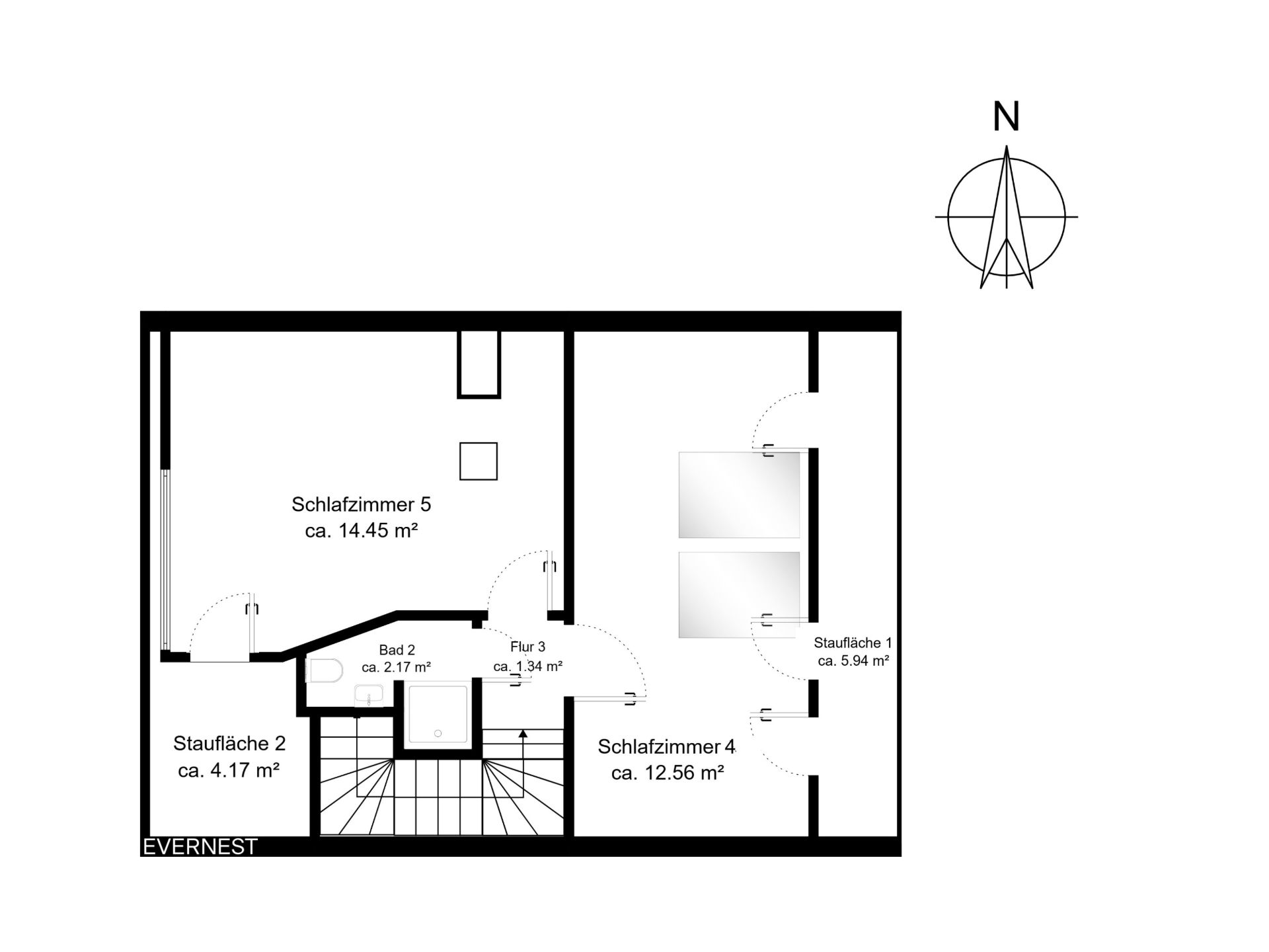 Grundriss mit zwei Schlafzimmern, Bad, Flur und zwei Stauflächen in einer Wohnetage.
