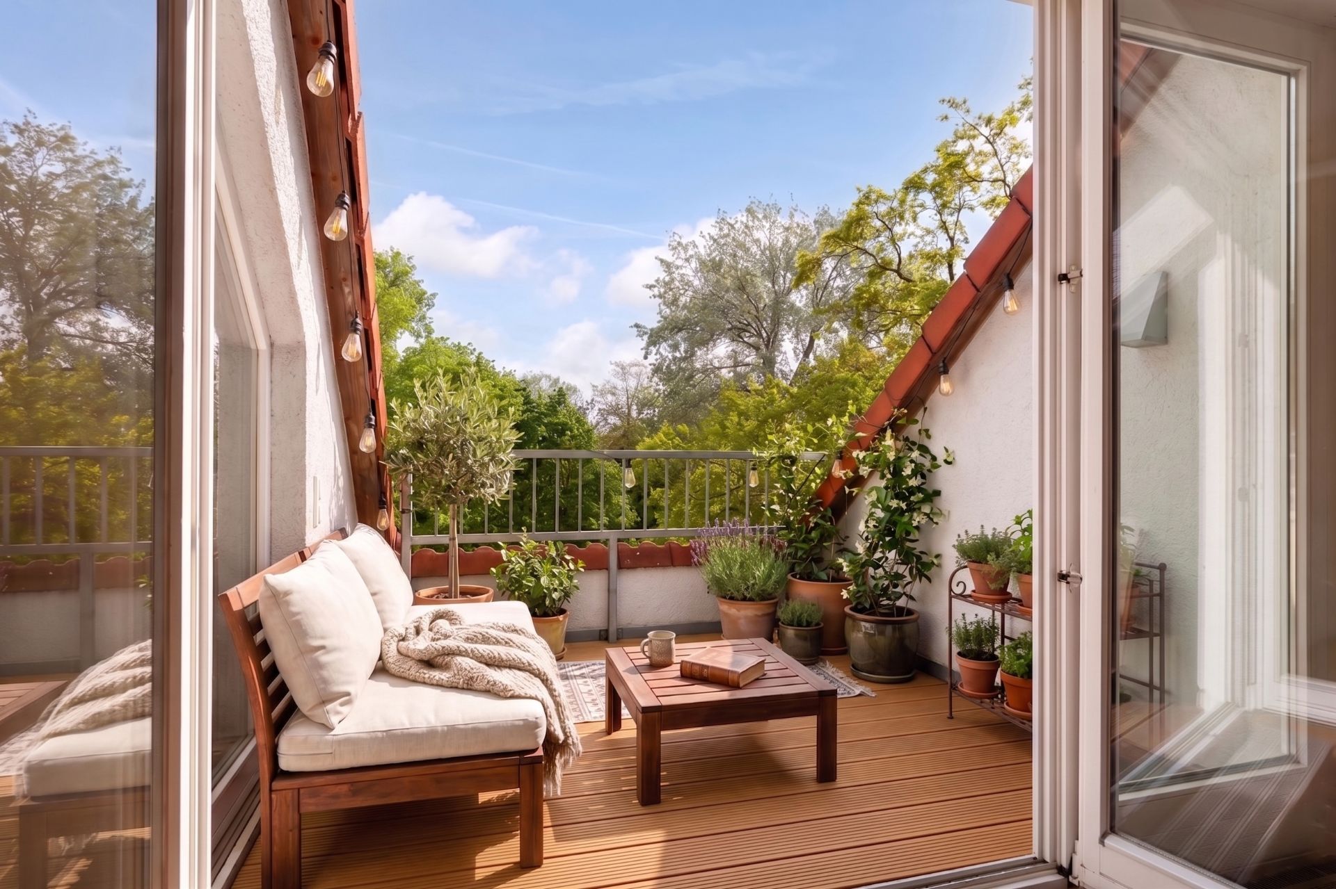 Gemütlicher Balkon mit Sitzbank, kleinem Tisch und vielen Pflanzen, umgeben von Geländer und Bäumen.