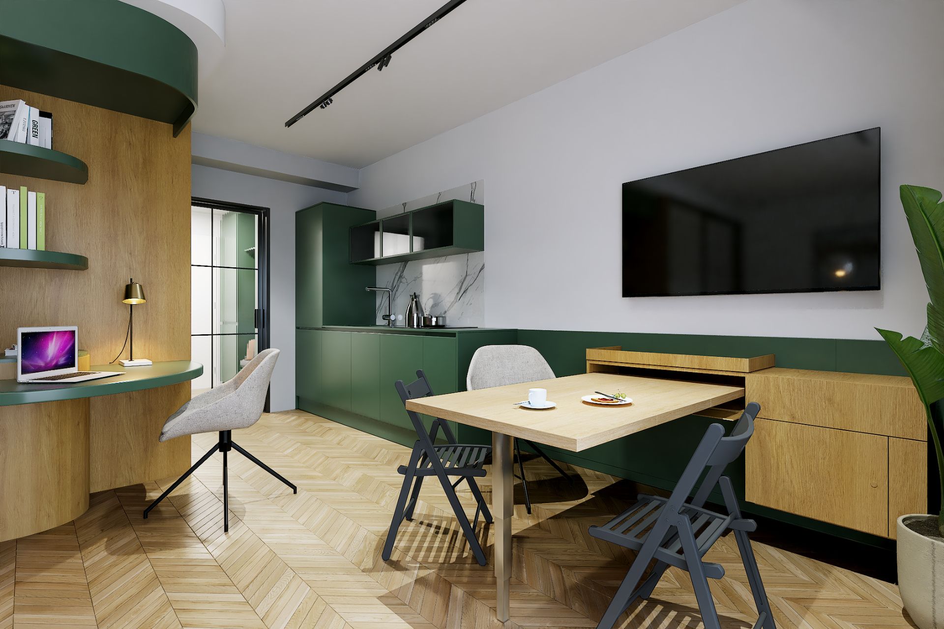Modernes Wohnzimmer mit Küchenzeile, Esstisch, Stühlen, Fernseher und Schreibtisch mit Laptop.