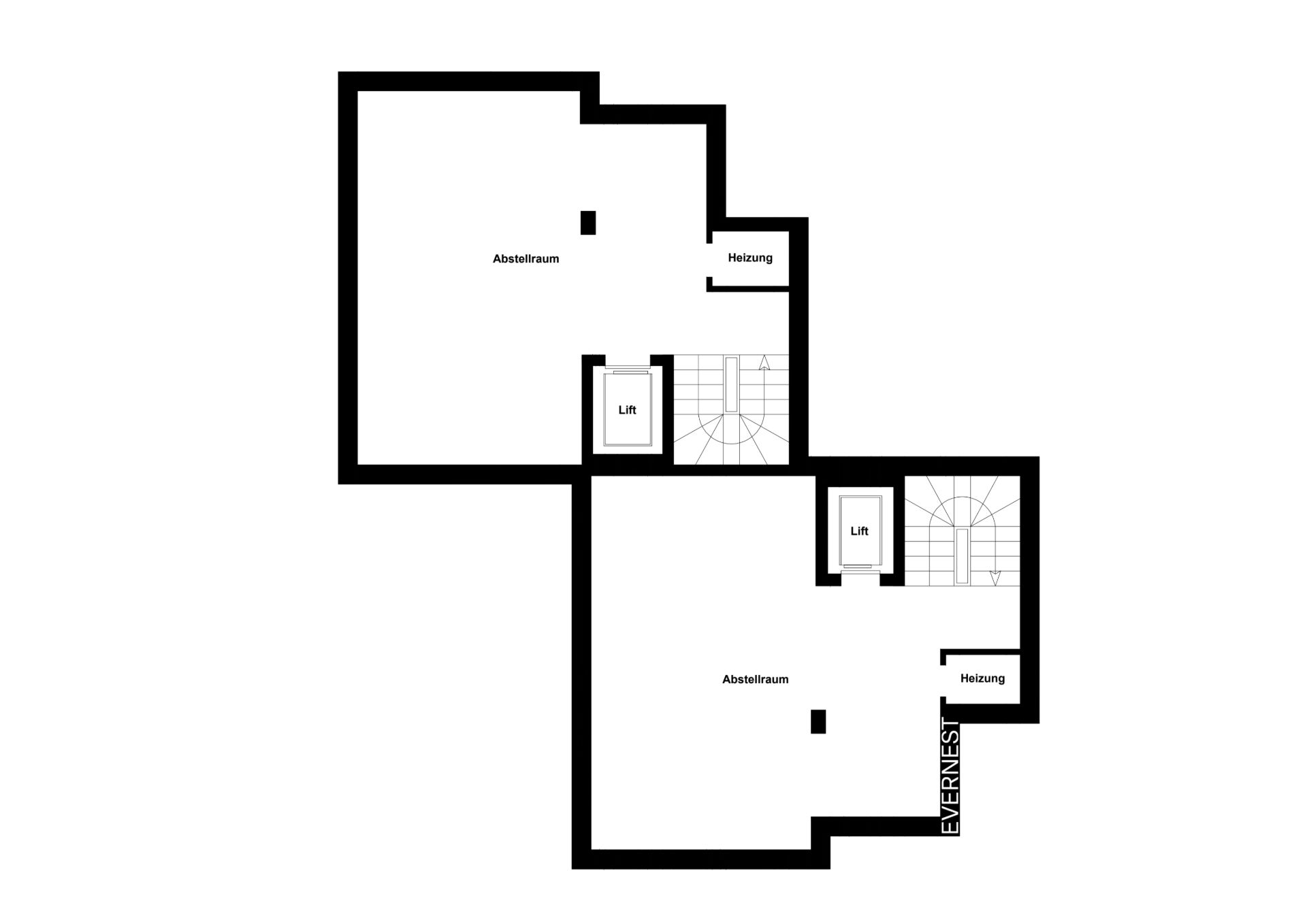 Grundriss mit zwei Abstellräumen, zwei Heizungsräumen, zwei Liften und Treppenhaus.